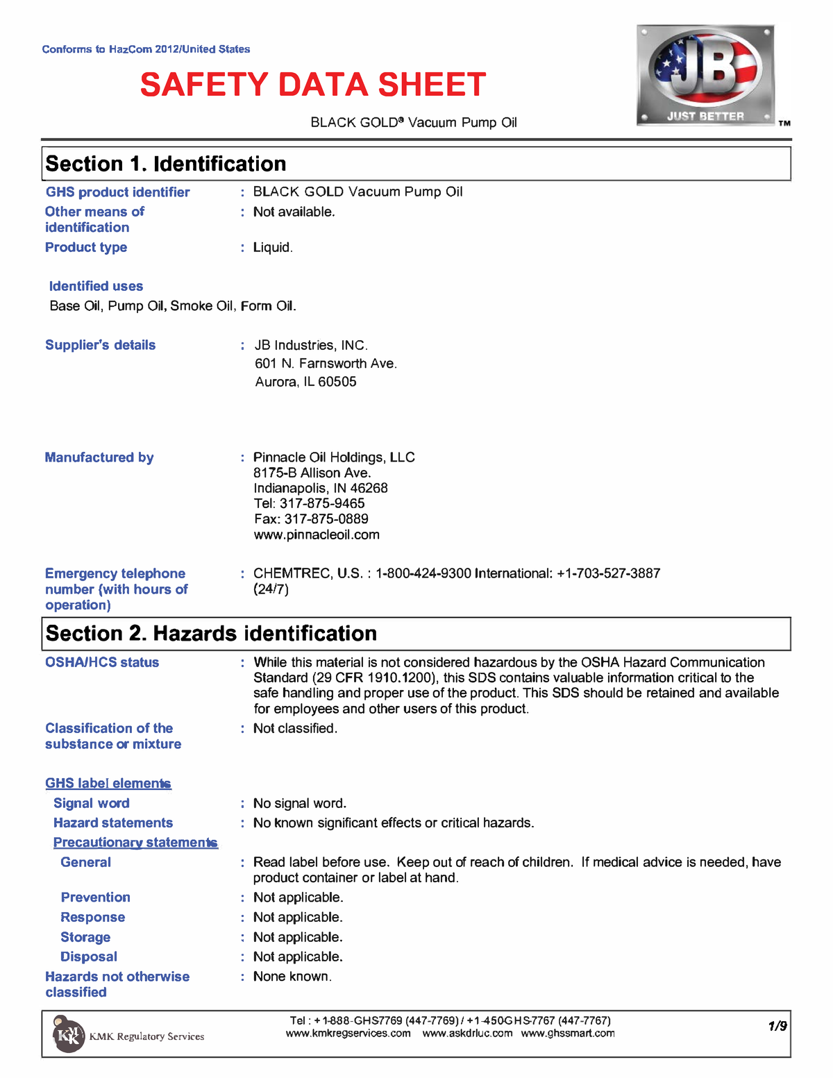 JB Black Gold Vacuum Pump Oil SDS Conforms to 2012/United