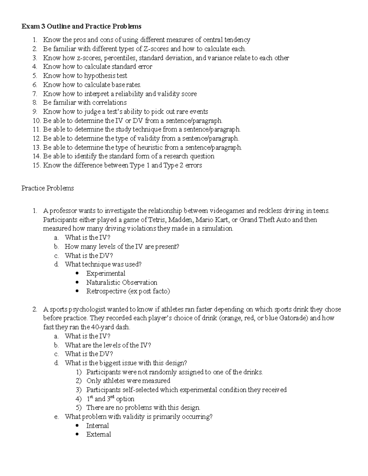 Exam 3 Outline and Practice Problems - Exam 3 Outline and Practice ...