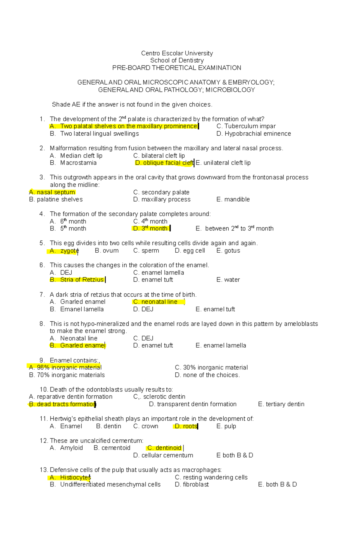 CEU Pre Board Exam 2 General And Oral Micro Anat And Pathology ...