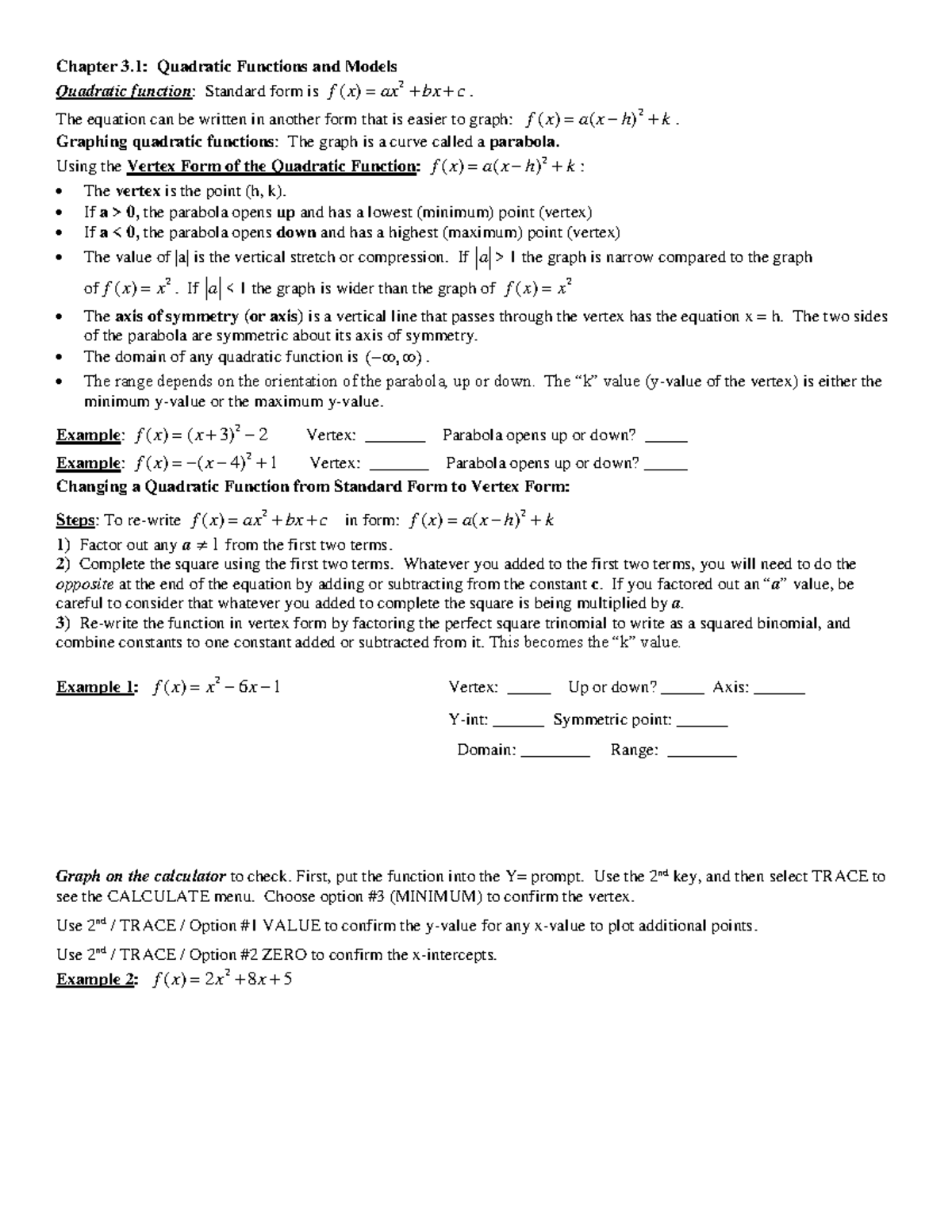 MAT 171 Ch 3.1 Examples in Class - Chapter 3: Quadratic Functions and ...