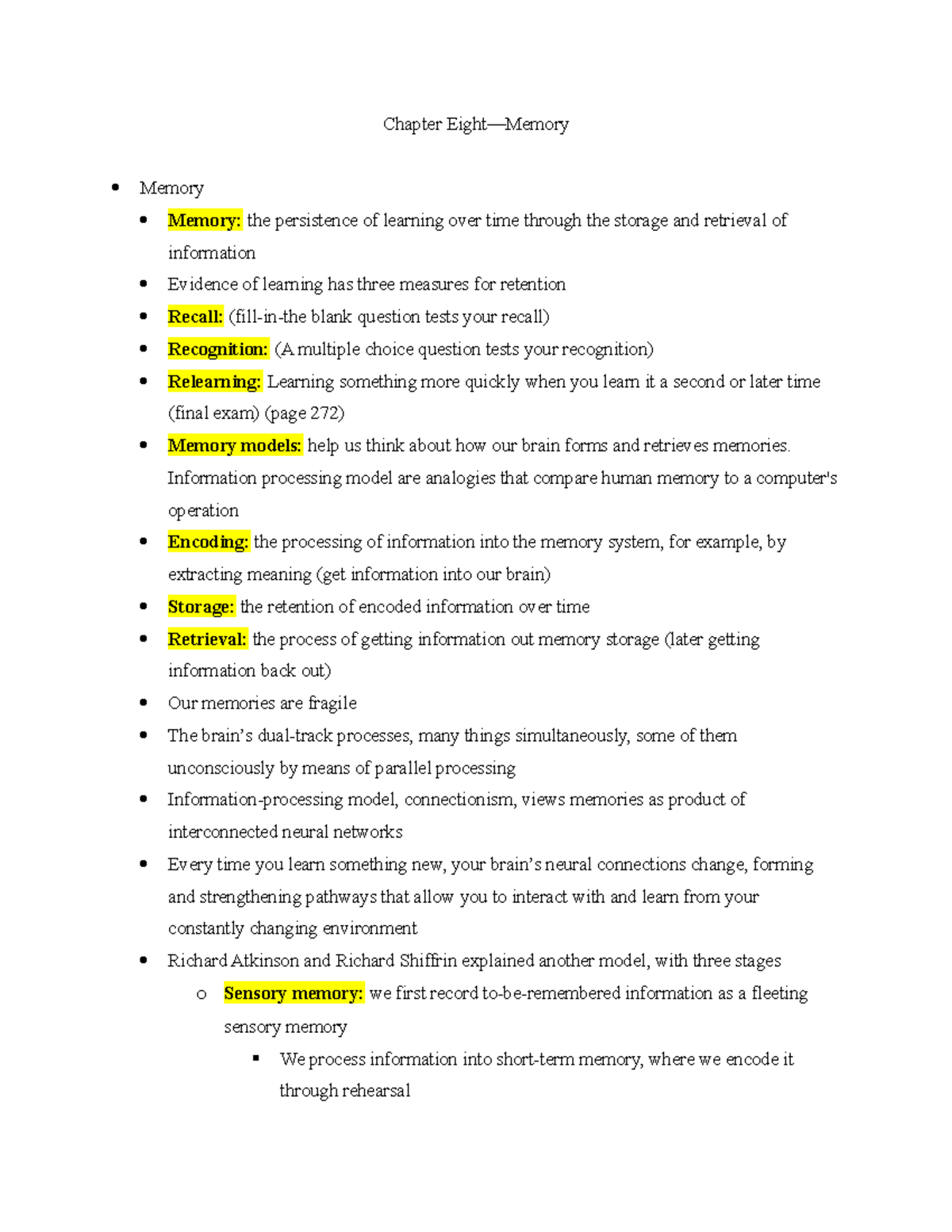 Chapter 8 Lecture Notes - Chapter Eight—Memory Memory Memory: The ...