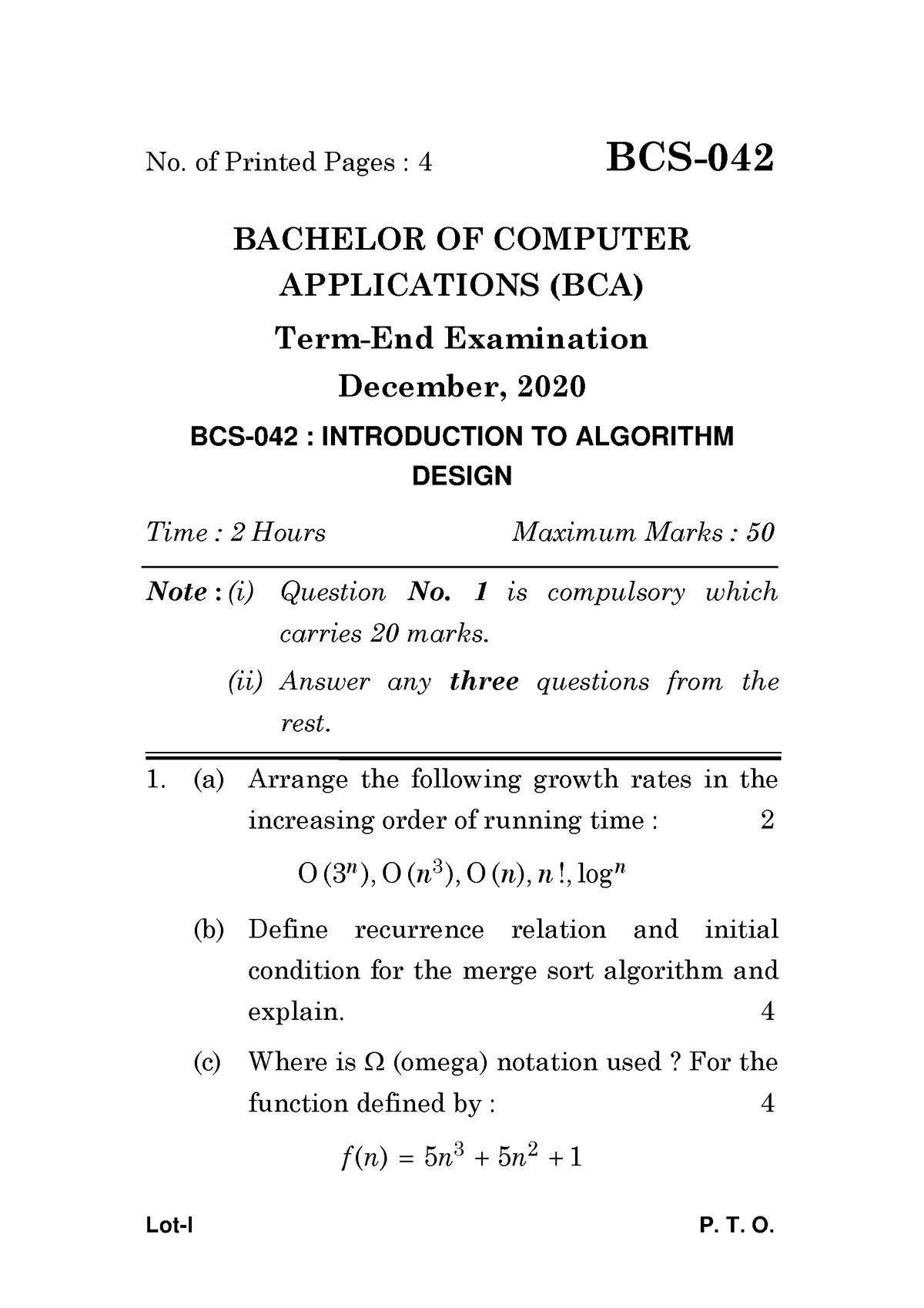 BCS-042 - Important Question - Lot-I P. T. O. No. Of Printed Pages : 4 ...