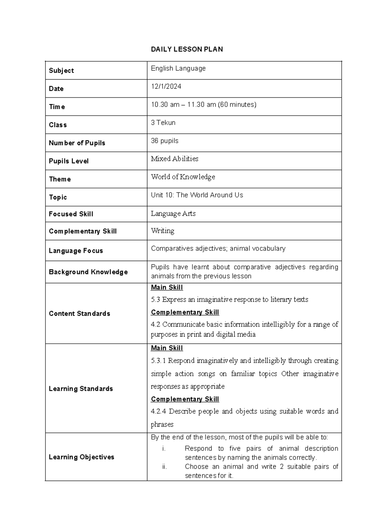 12 Jan 24 - 3T - Lesson plan - DAILY LESSON PLAN Subject English ...