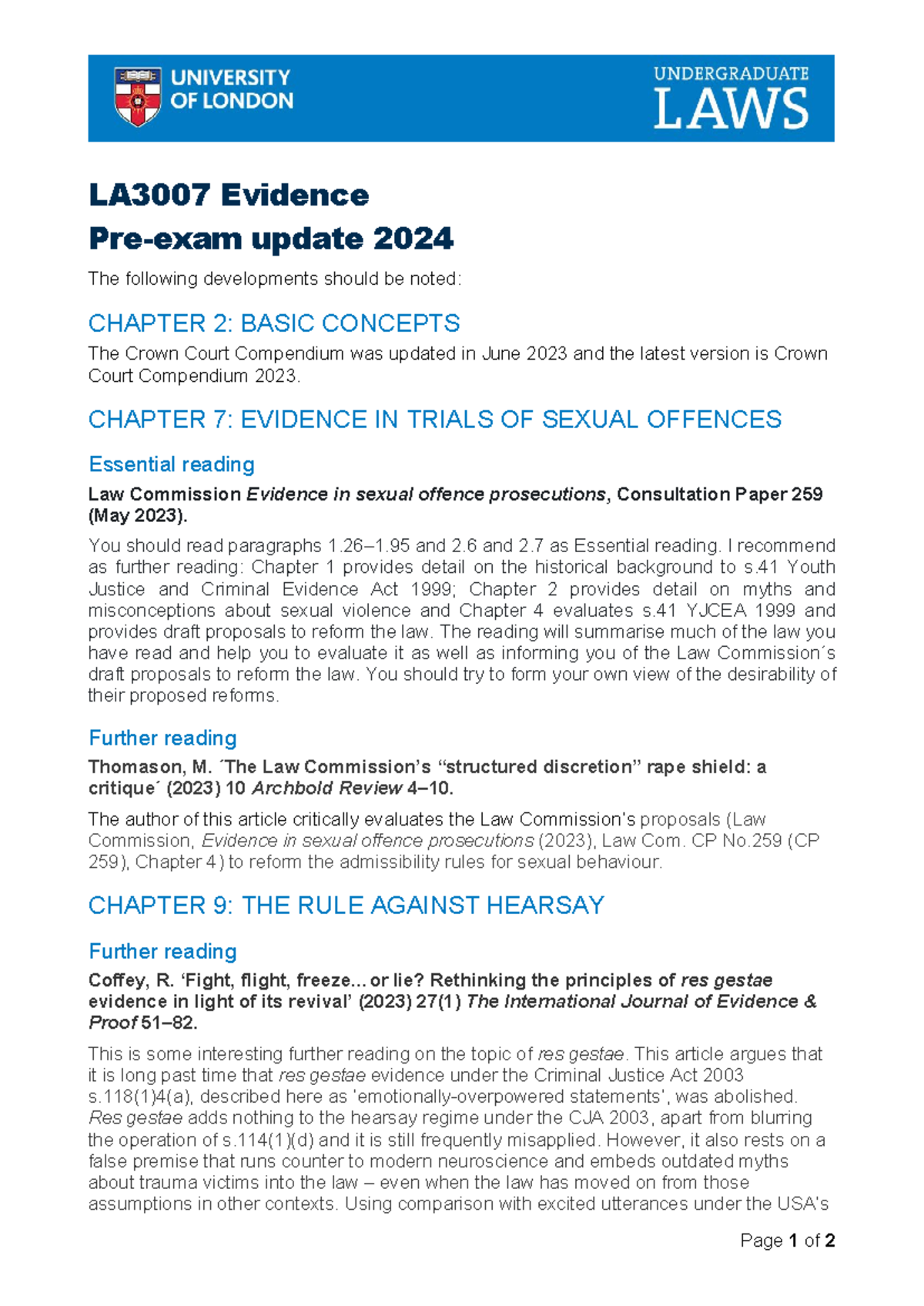 Evidence peu24 - New updates - Page 1 of 2 LA3007 Evidence Pre-exam ...