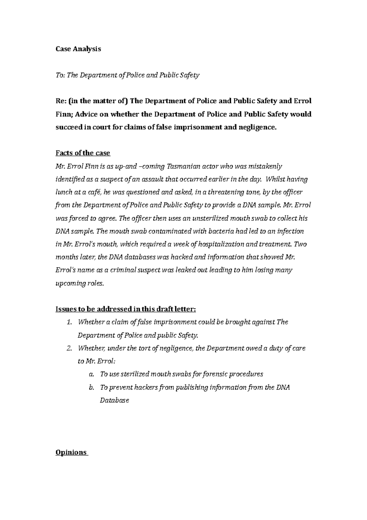 Torts Assignment Task 2 - Case Analysis To: The Department of Police ...