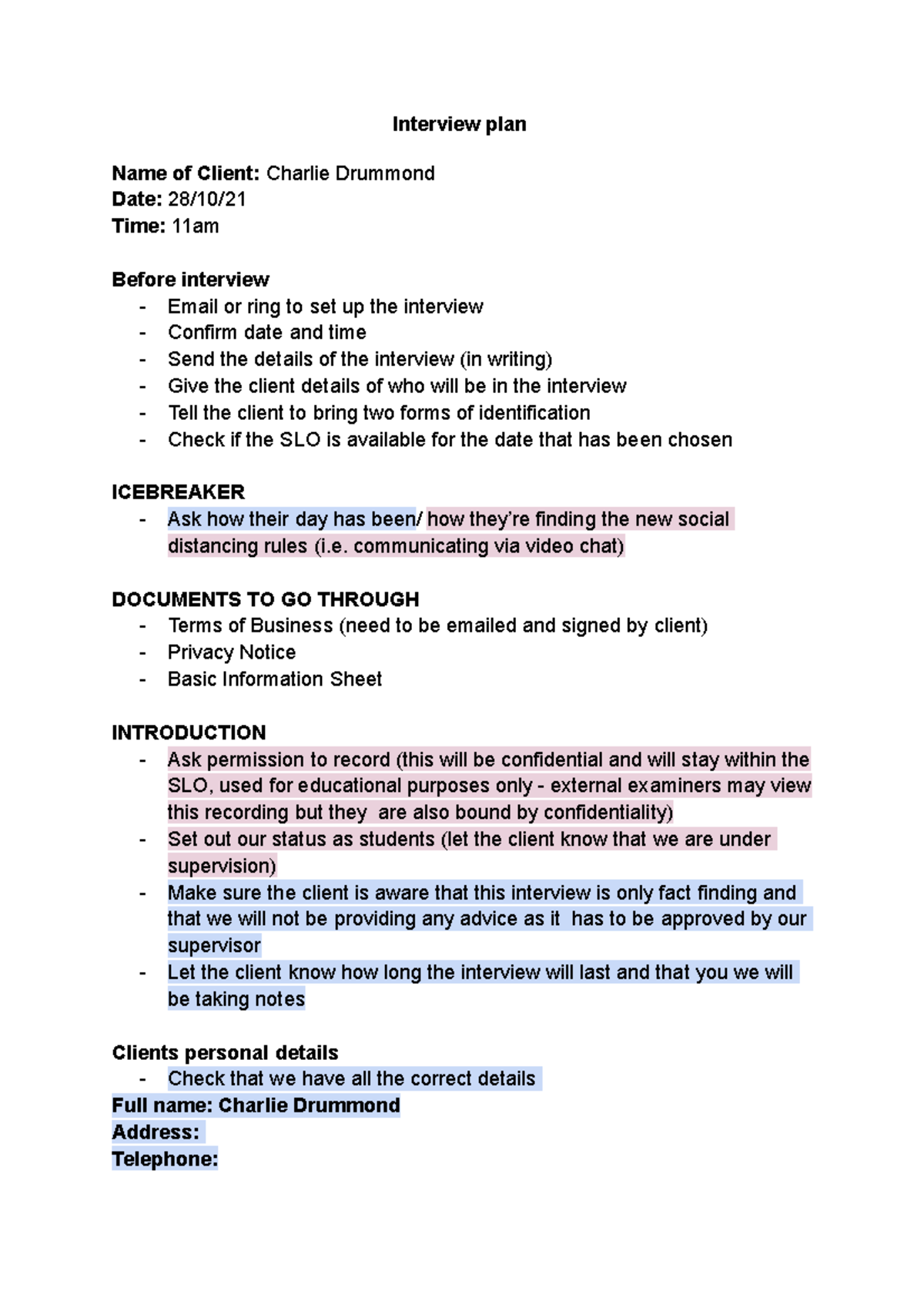 Interview plan - Lecture notes 1 - Interview plan Name of Client ...