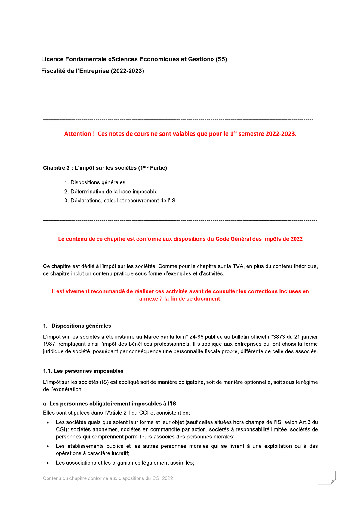 Fiscalité De L’Entreprise -Ch-3 IS Partie 1 - Attention! Ces Notes De ...