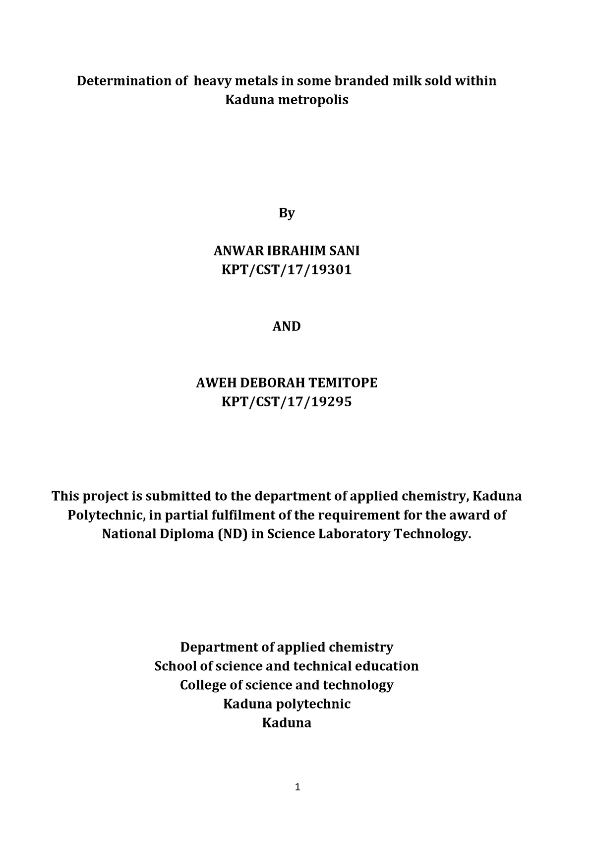 determination of heavy metals in some branded milk samples - Department ...