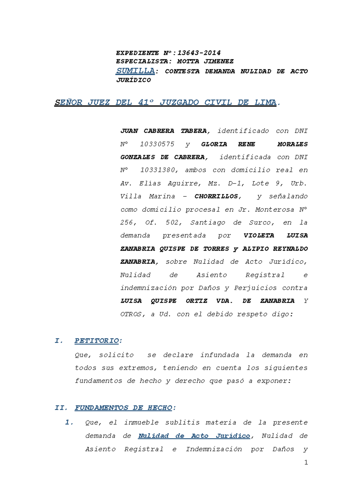 Contesta Demanda Nulidad De Acto Jurídico Model 2022 Expediente Nº13643 Especialista 6169