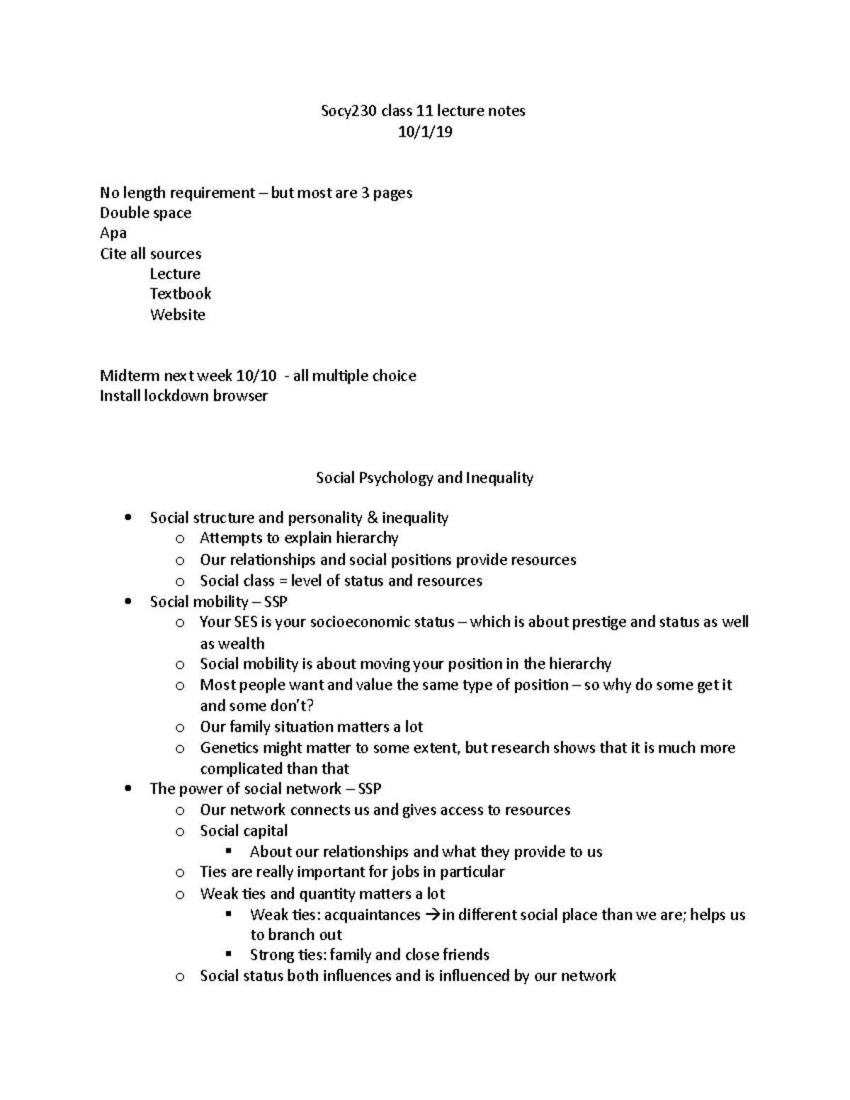 Socy230 class 11 lecture notes - Socy230 class 11 lecture notes 10/1 ...