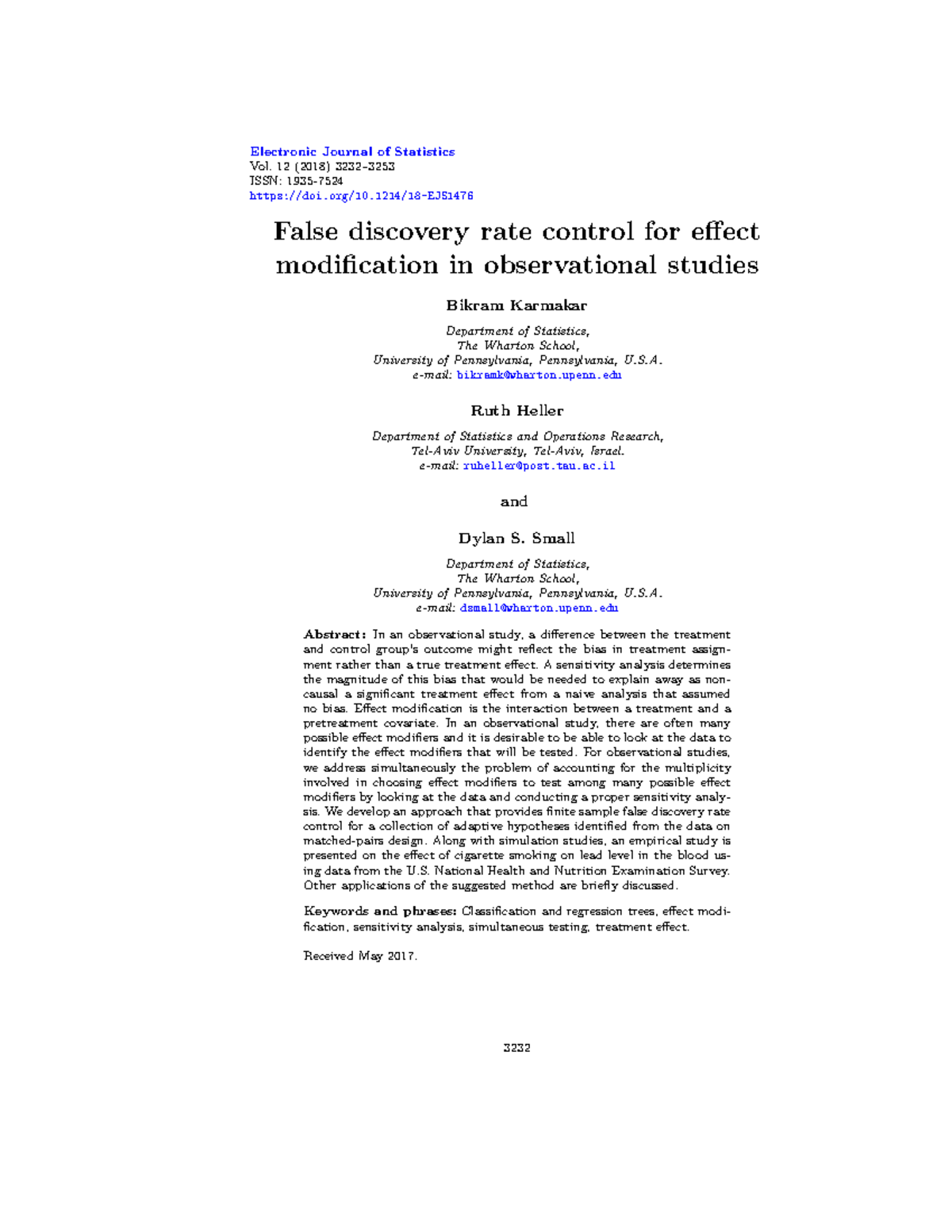 18EJS1476 stats Electronic Journal of Statistics Vol. 12 (2018