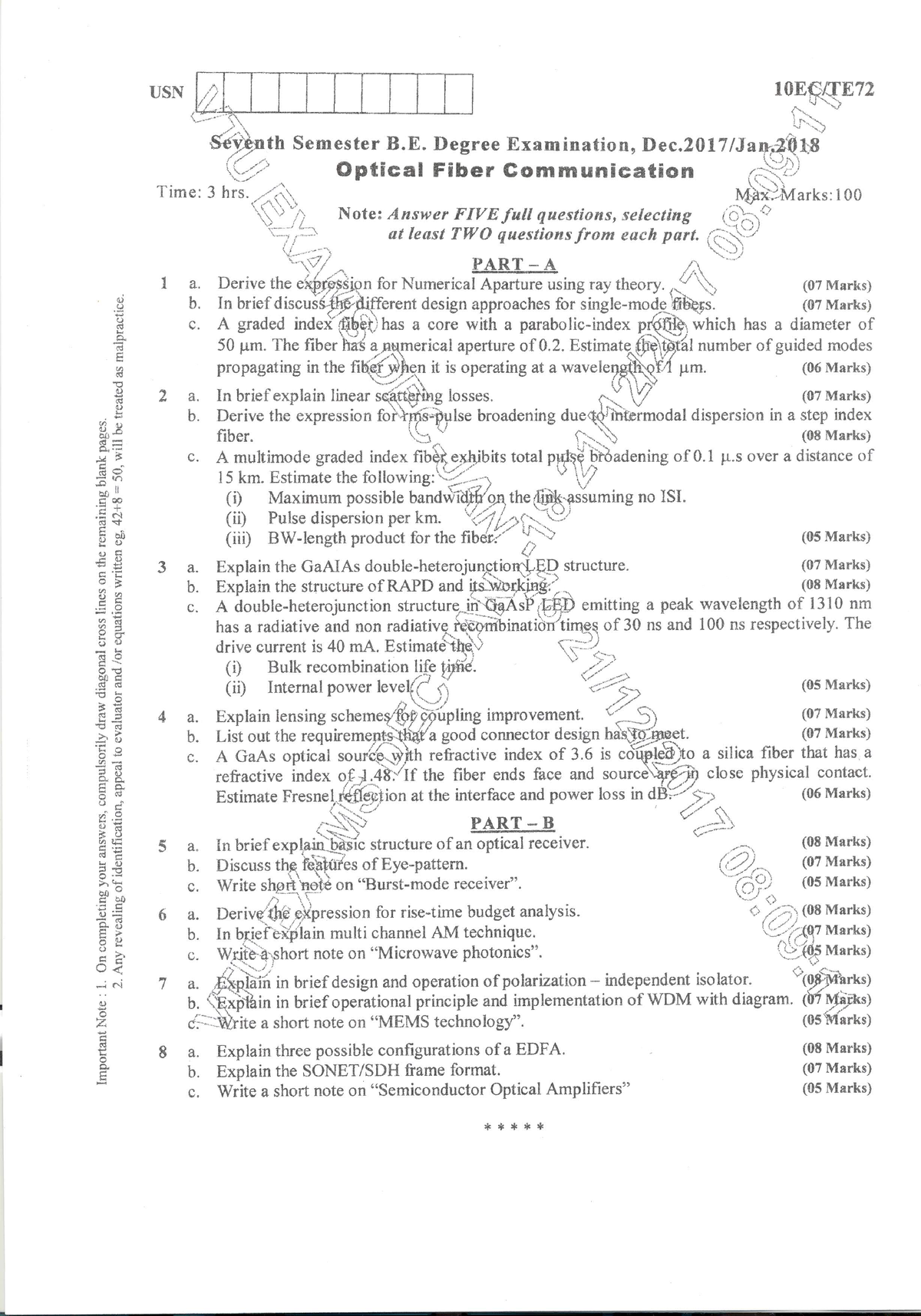 Vtu Question Paper Of 10ec-te72 Optical Fiber Communication Dec-2017 