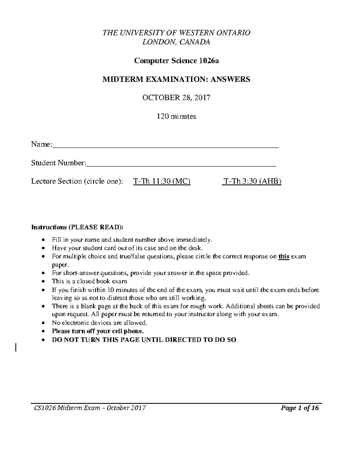 Midterm exam 2 October 2017, questions and answers - THE UNIVERSITY OF ...