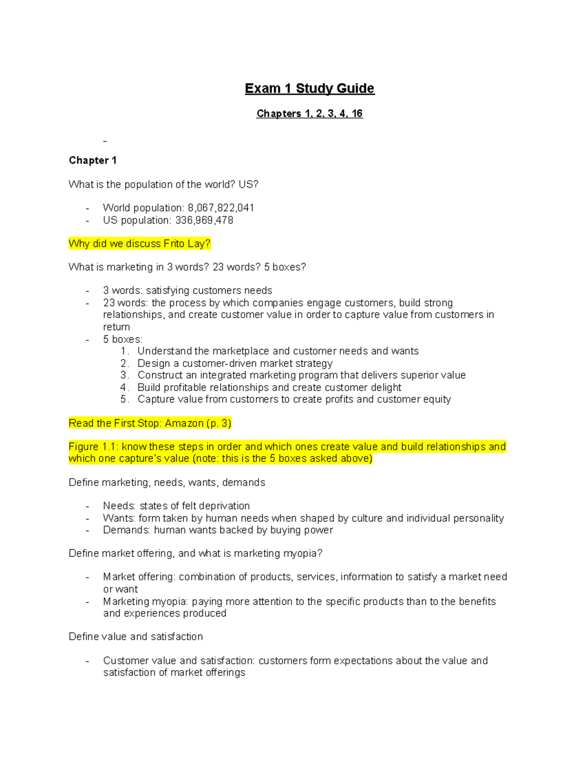 Exam 1 Marketing - Exam 1 Study Guide Chapters 1, 2, 3, 4, 16 Chapter 1 ...
