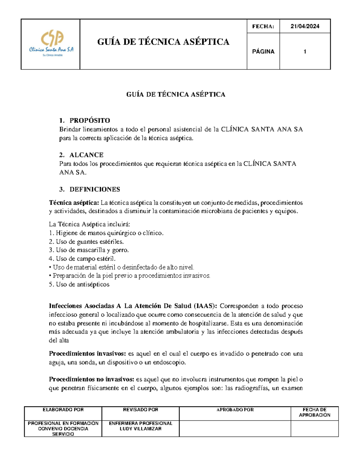 GUÍA DE Técnica Aséptica - GUÍA DE TÉCNICA ASÉPTICA PÁGINA 1 ELABORADO ...