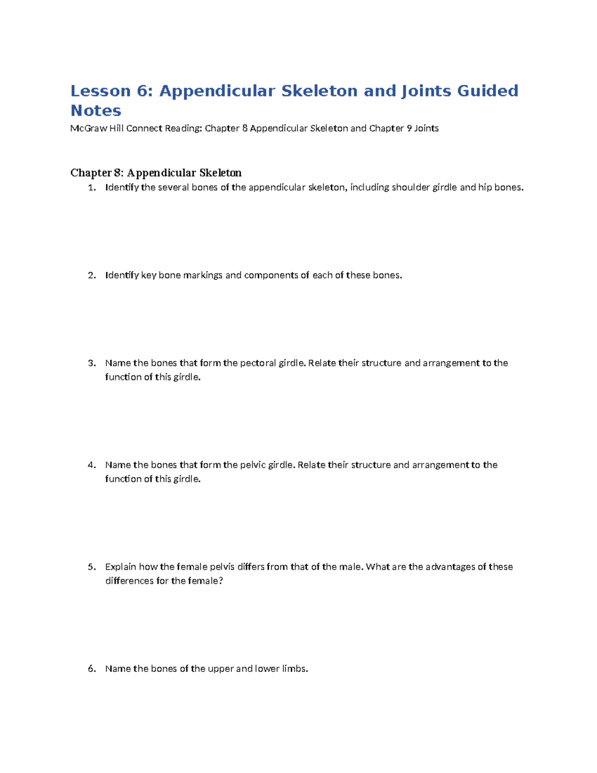 Lesson 6 Guided Notes - rutgers - Lesson 6: Appendicular Skeleton and ...
