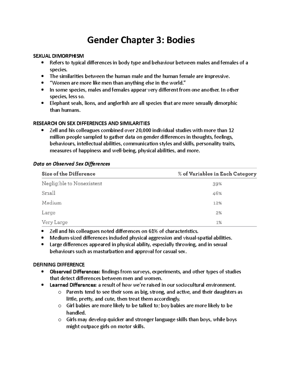 Gender Chapter 3 Notes - Gender Chapter 3: Bodies SEXUAL DIMORPHISM ...