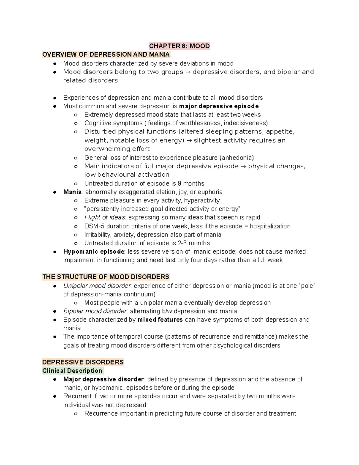 PSYC 2020 - Chapter 8 - CHAPTER 8: MOOD OVERVIEW OF DEPRESSION AND ...