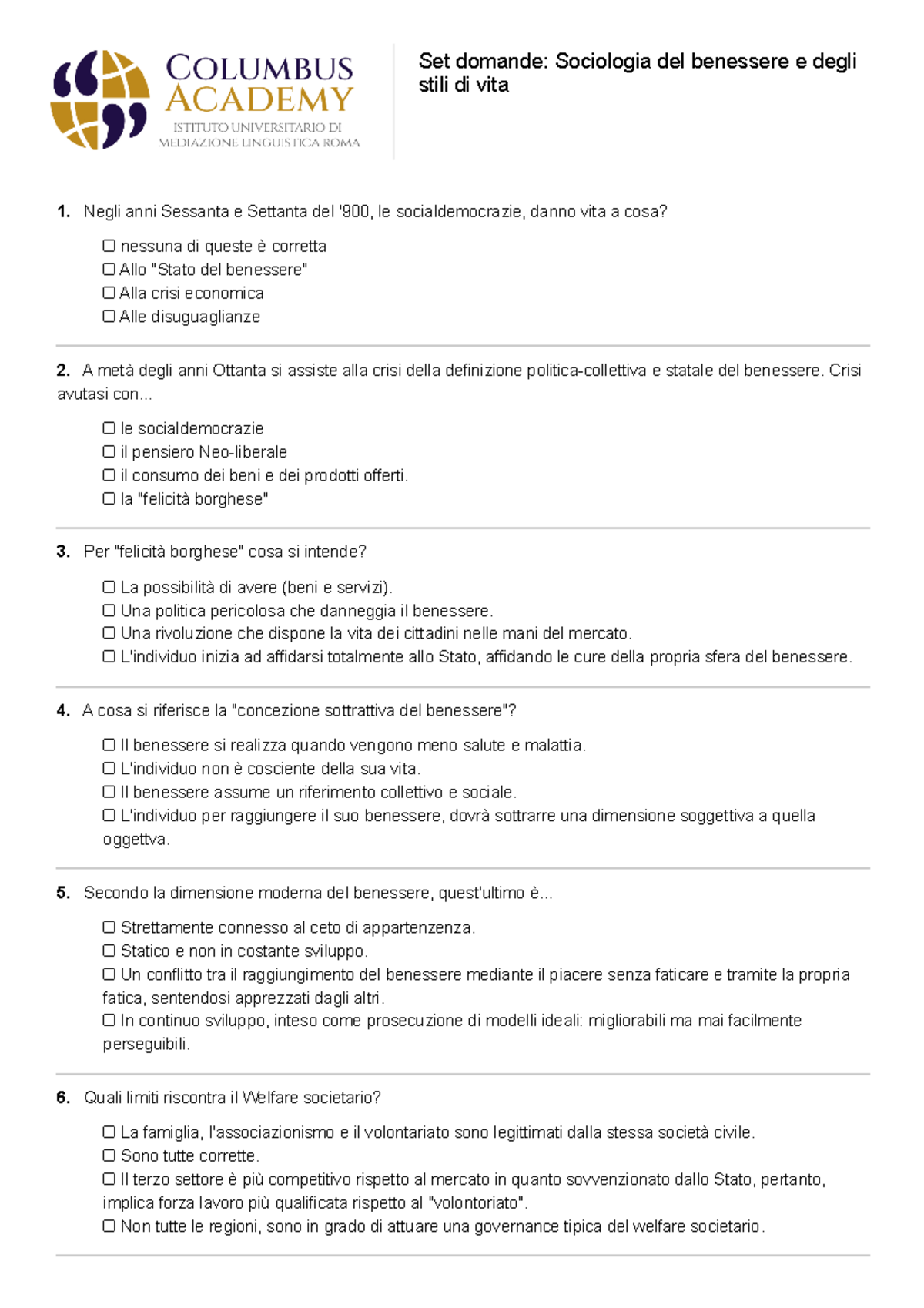 Sociologia Del Benessere E Degli Stili Di Vita Cfu Corsi Singoli