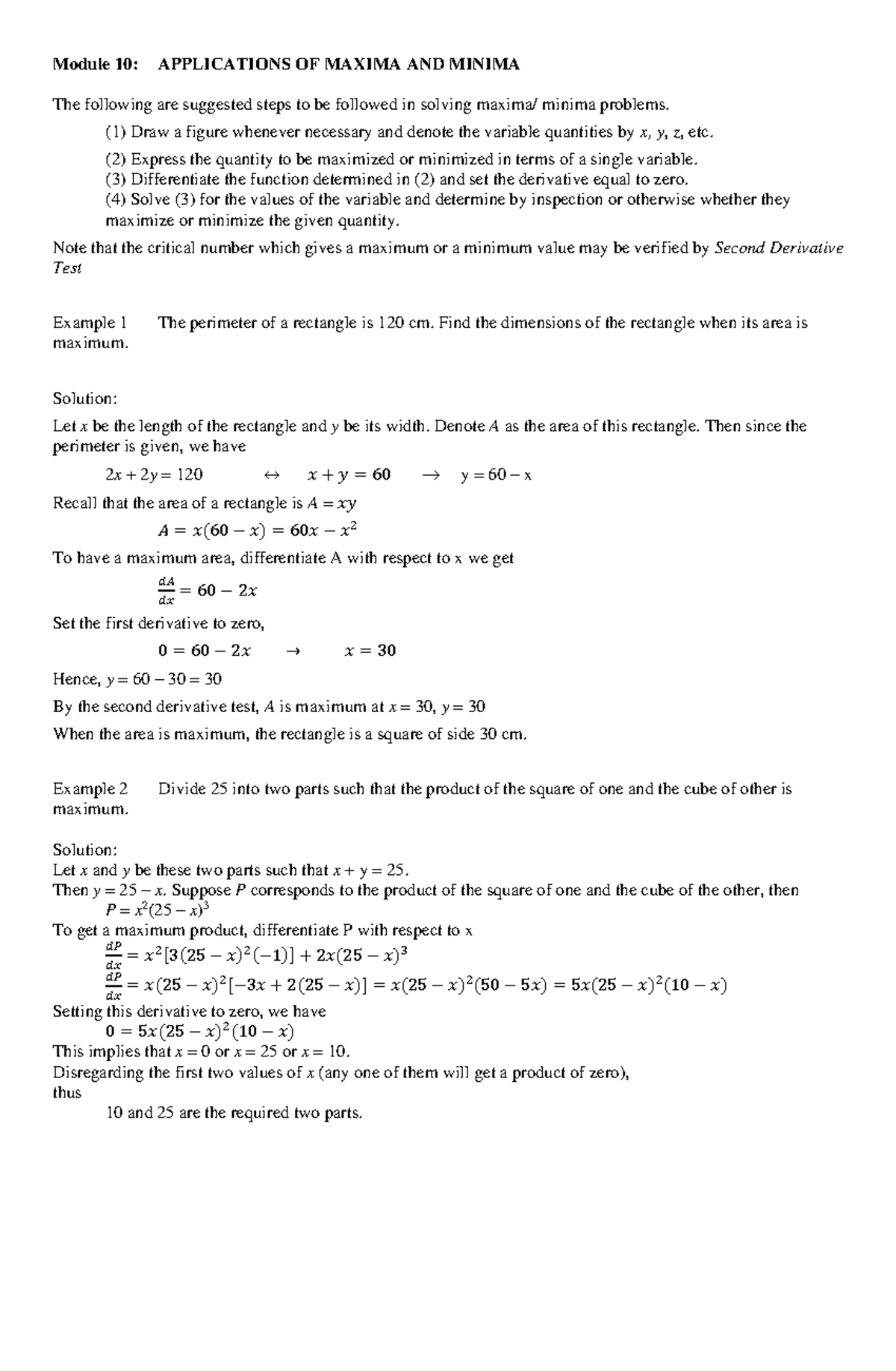 Calculus 1 (Module 10 - 14) - Module 10: APPLICATIONS OF MAXIMA AND ...