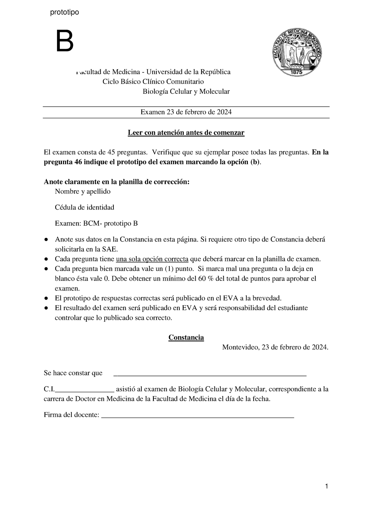 Prototipo B Corregido Examen BCM 23 De Fbrero - Facultad De Medicina ...