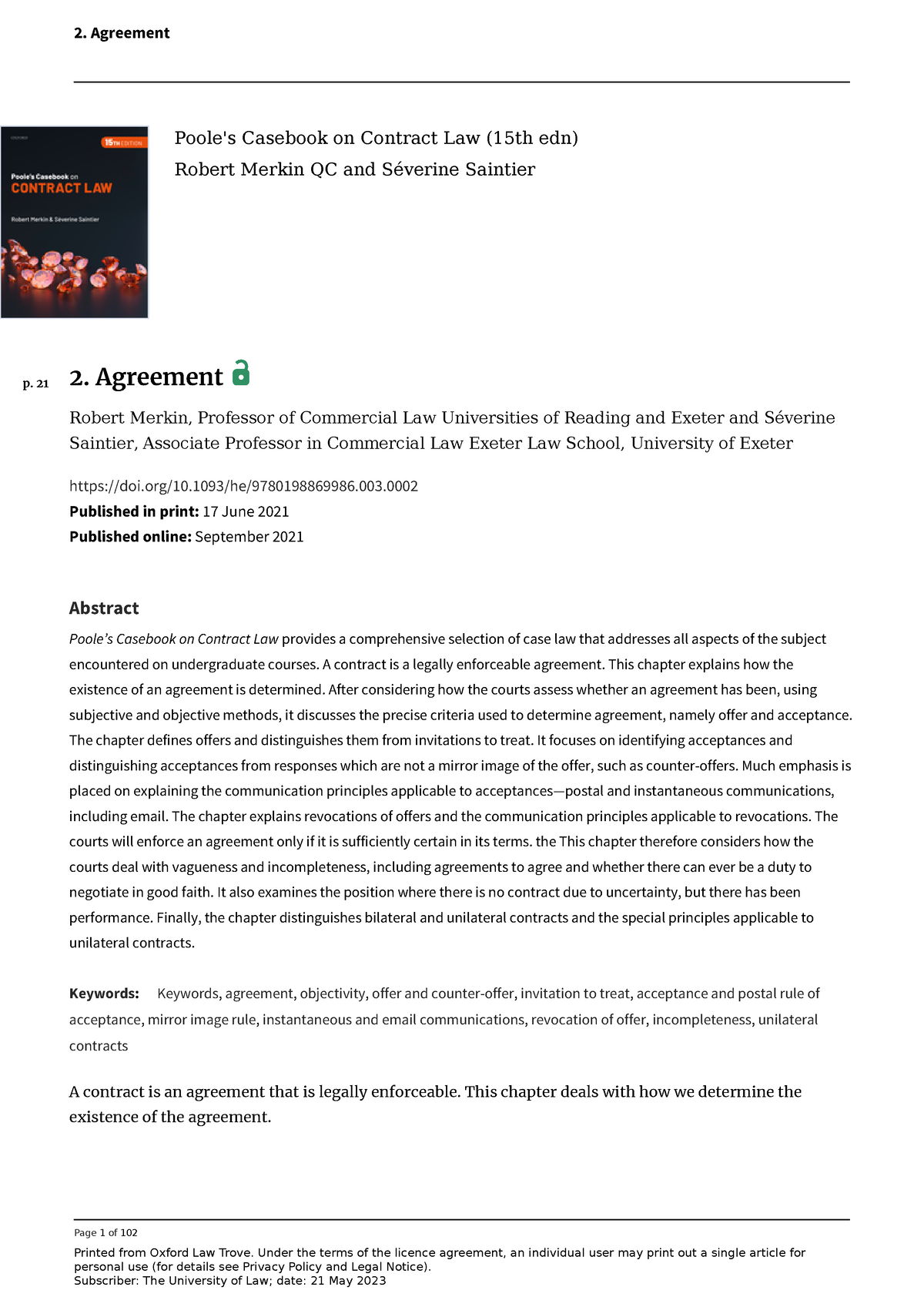 Poole's Casebook On Contract Law - Page 1 Of 102 Printed From Oxford ...