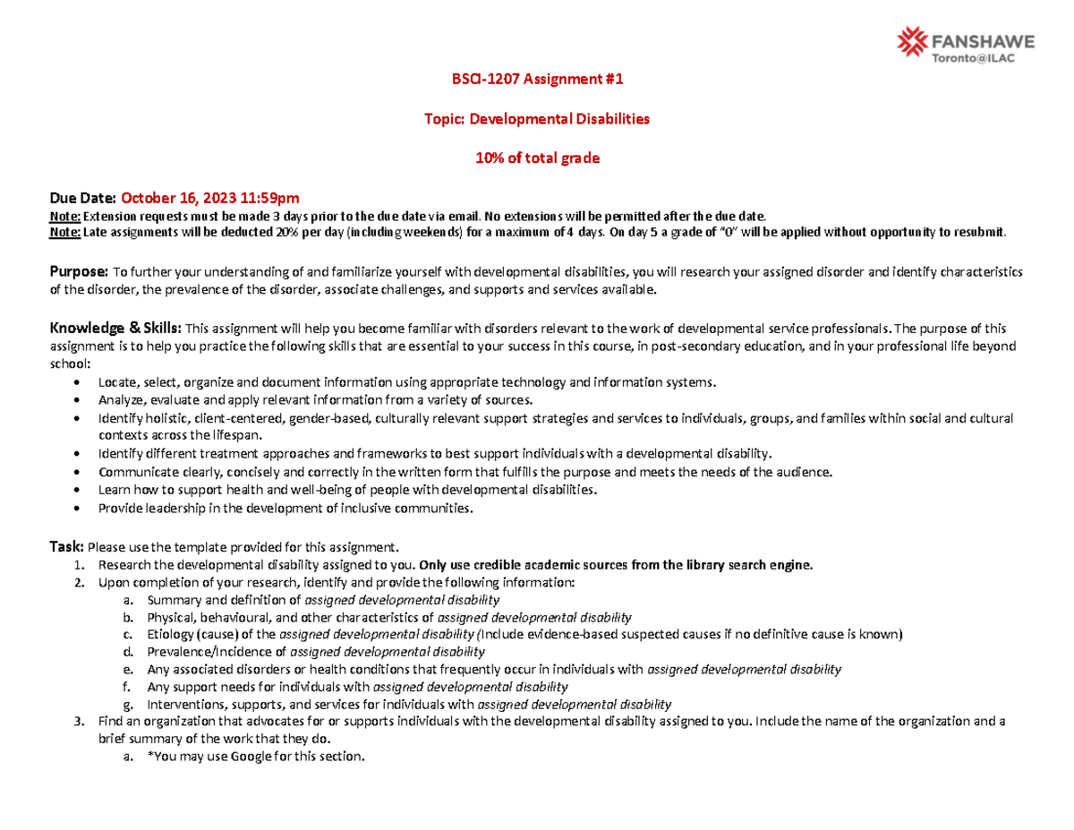 Assignment 1 Instructions - BSCI-1207 Assignment Topic: Developmental ...