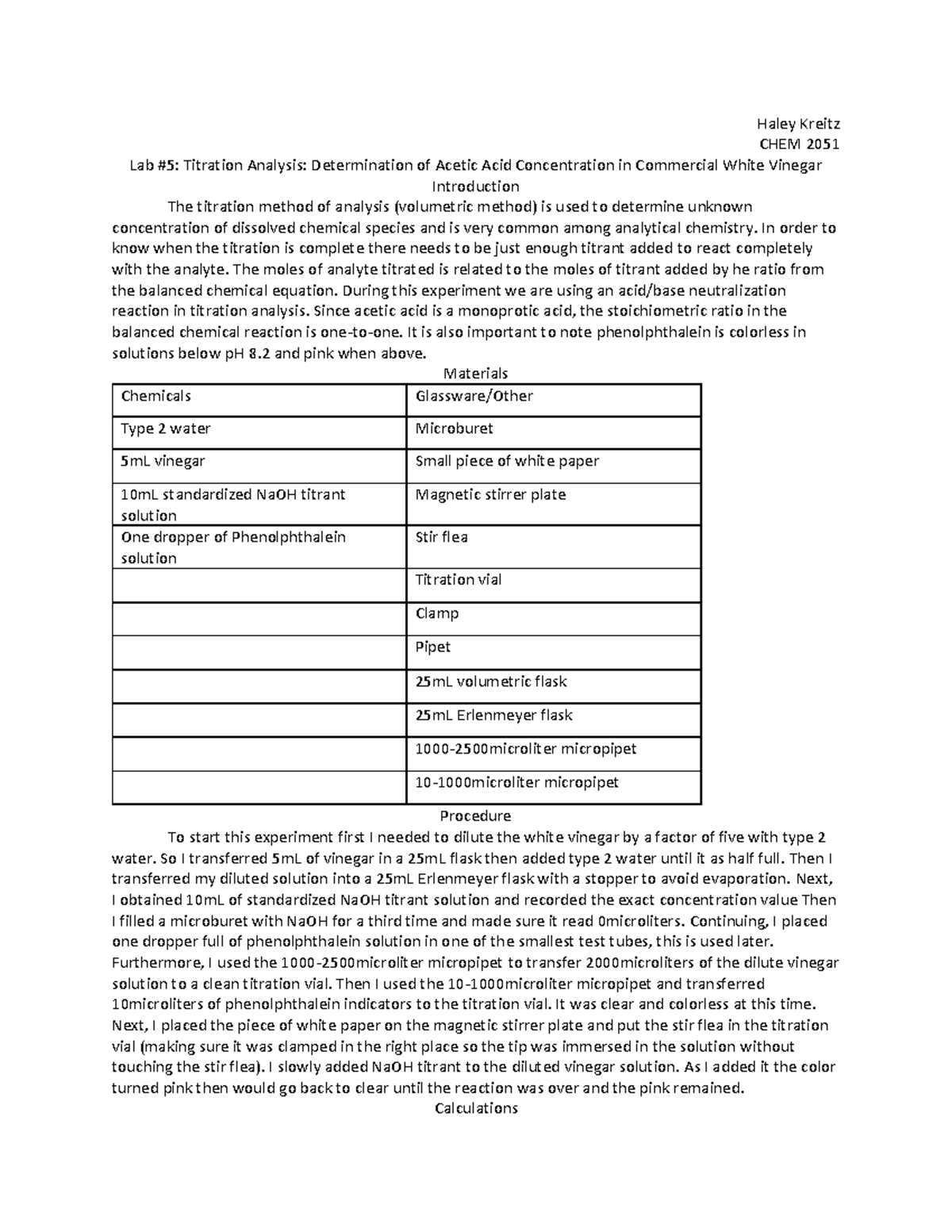 CHEM2051F22 Vinegar titration Haley Kreitz CHEM 2051 Lab 5