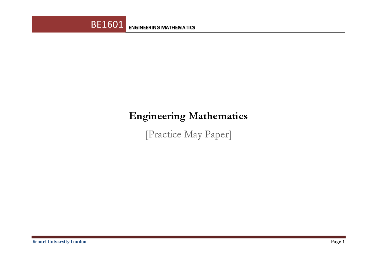 BE1601 Engineering Mathematics - Practice Paper May 2020 - Engineering ...