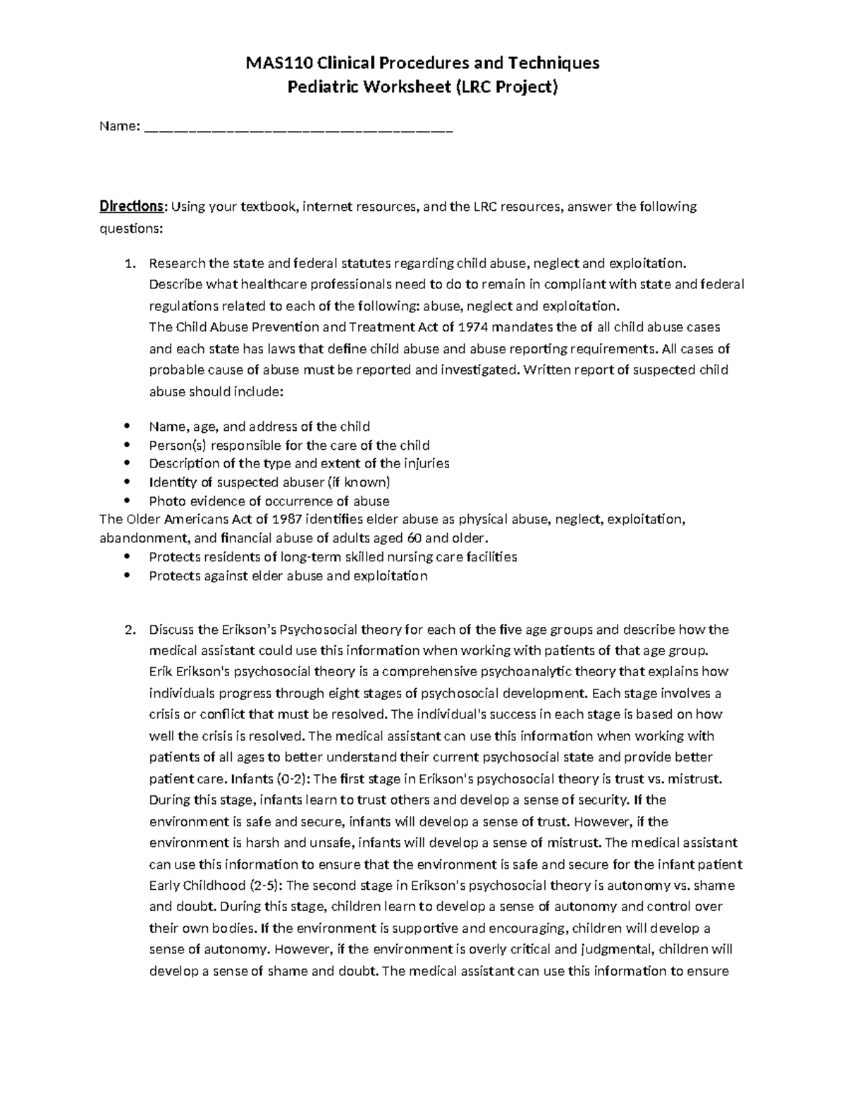 MAS110 Week 5 Pediatric Worksheet 2 - MAS110 Clinical Procedures And ...