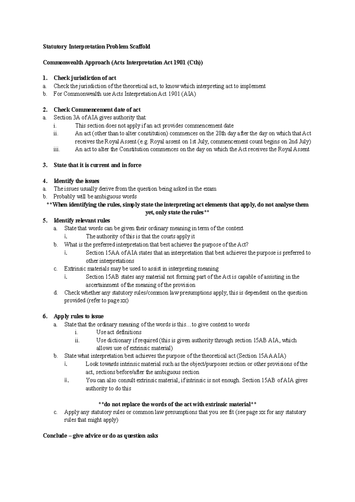 Llb1160 answer scaffold - Statutory Interpretation Problem Scaffold ...