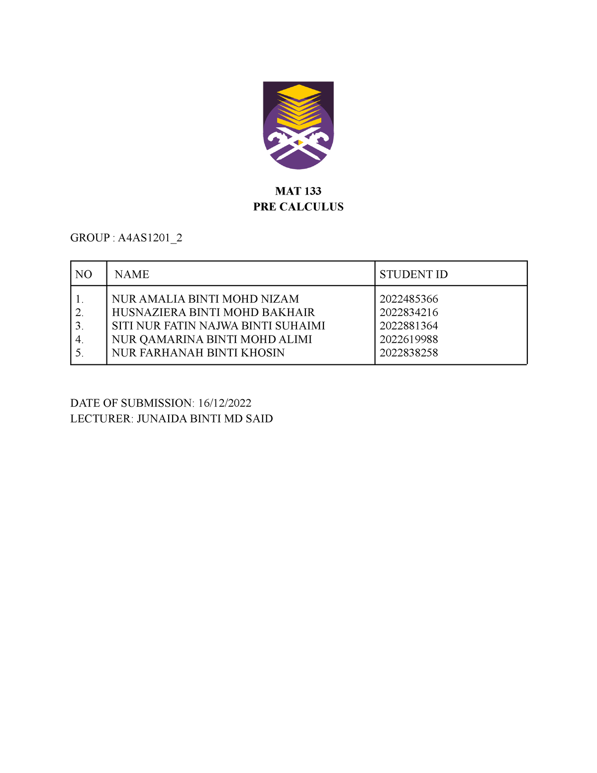 Assesment 2 MAT133 - Assessment - MAT 133 PRE CALCULUS GROUP : A4AS1201 ...