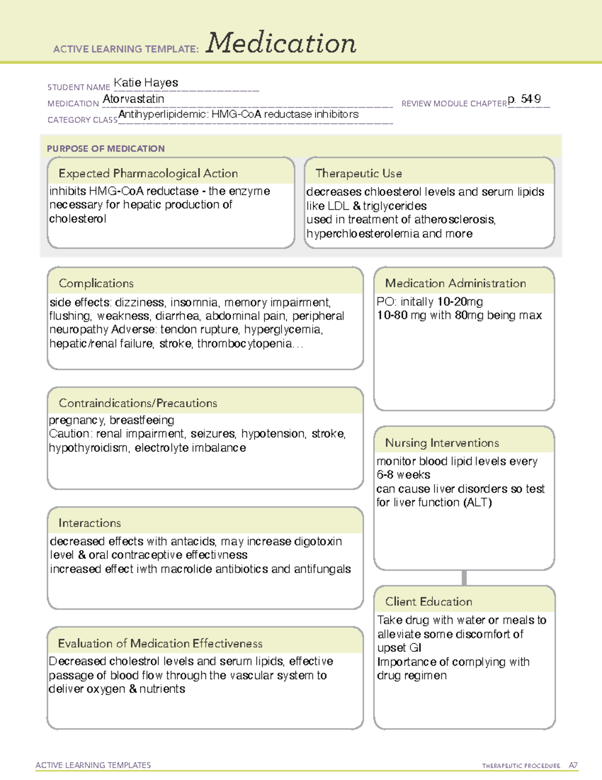 Atorvastin - Homework - Active Learning Templates Therapeutic Procedure 