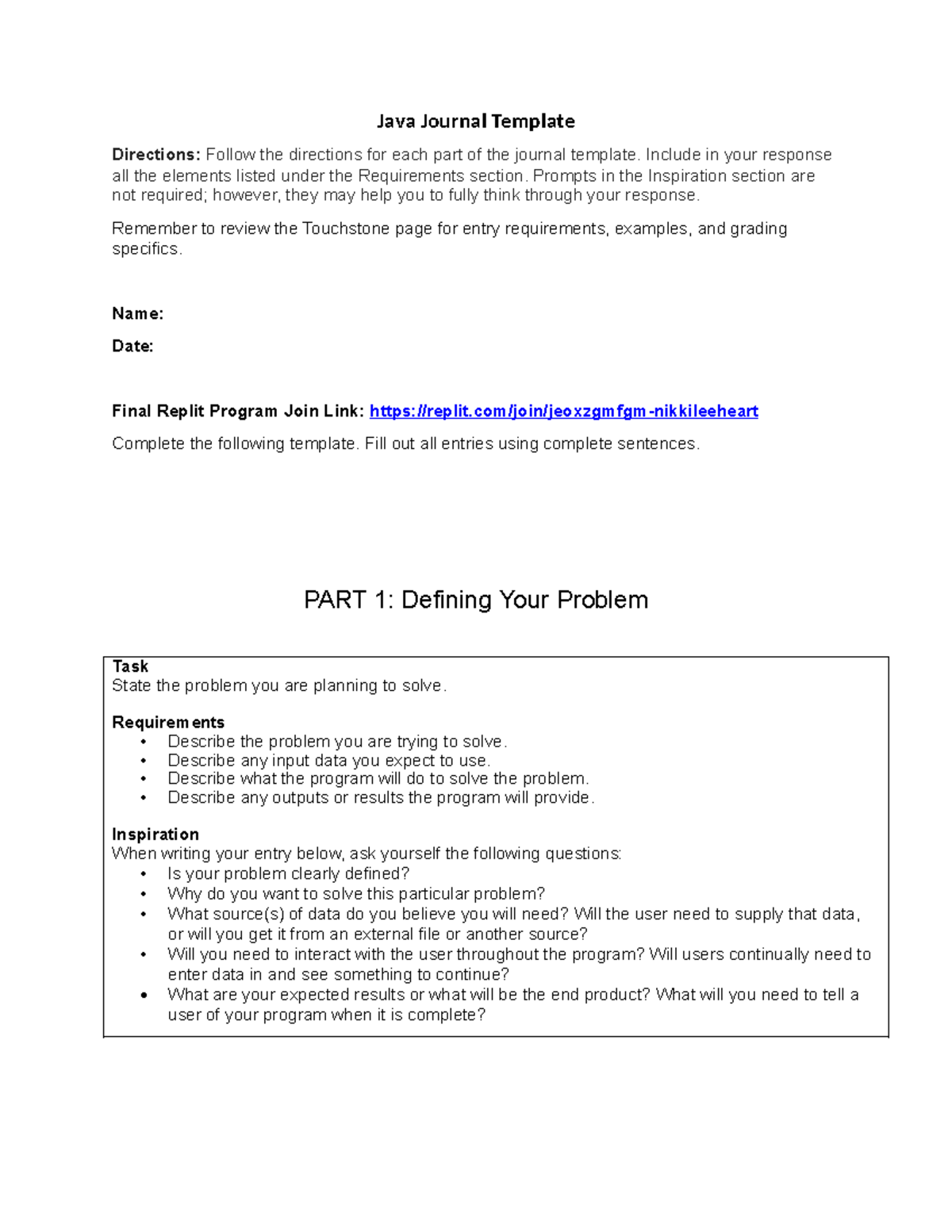 Touchstone JAVA Journal - Java Journal Template Directions: Follow the ...