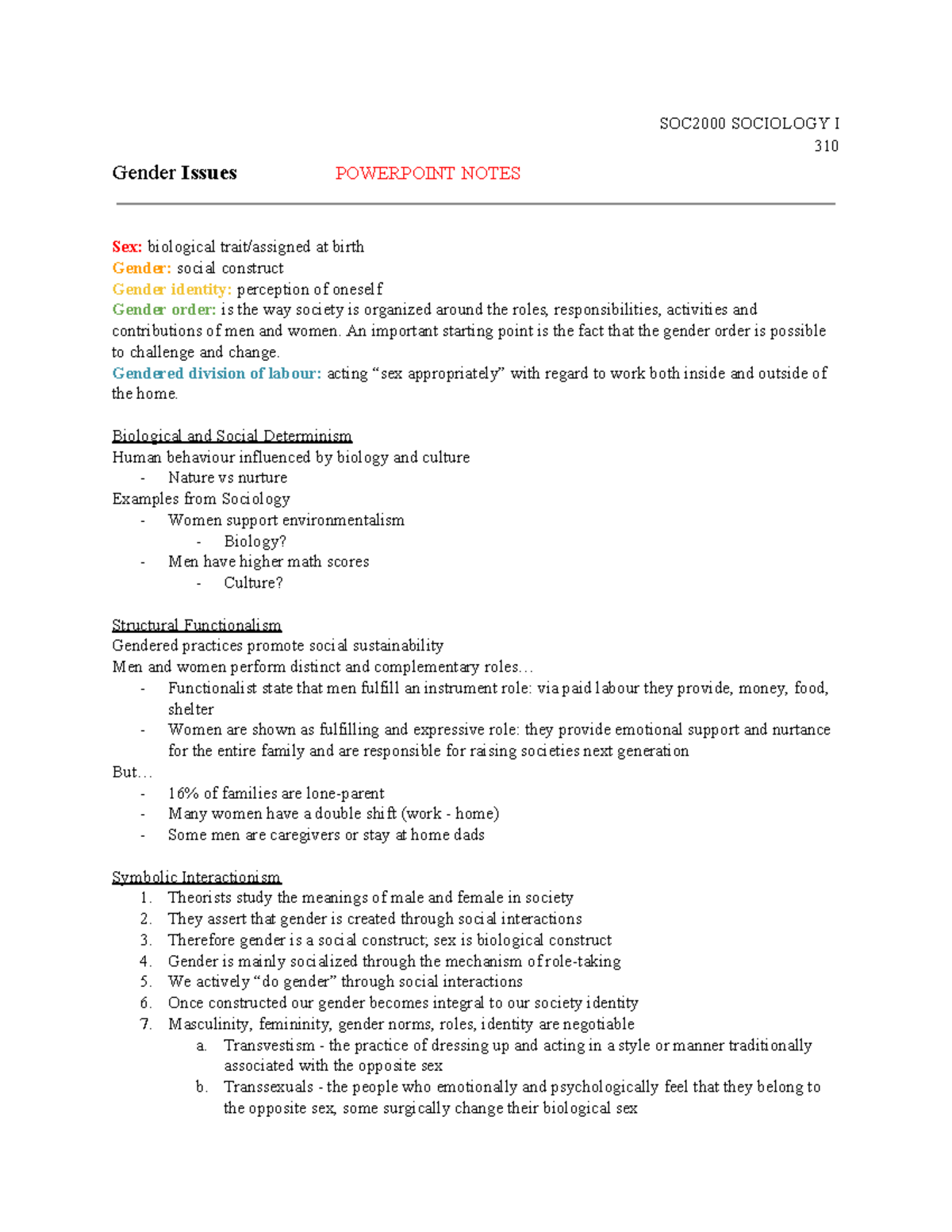 W7 Notes - SOC2000 SOCIOLOGY I 310 Gender Issues POWERPOINT NOTES Sex ...