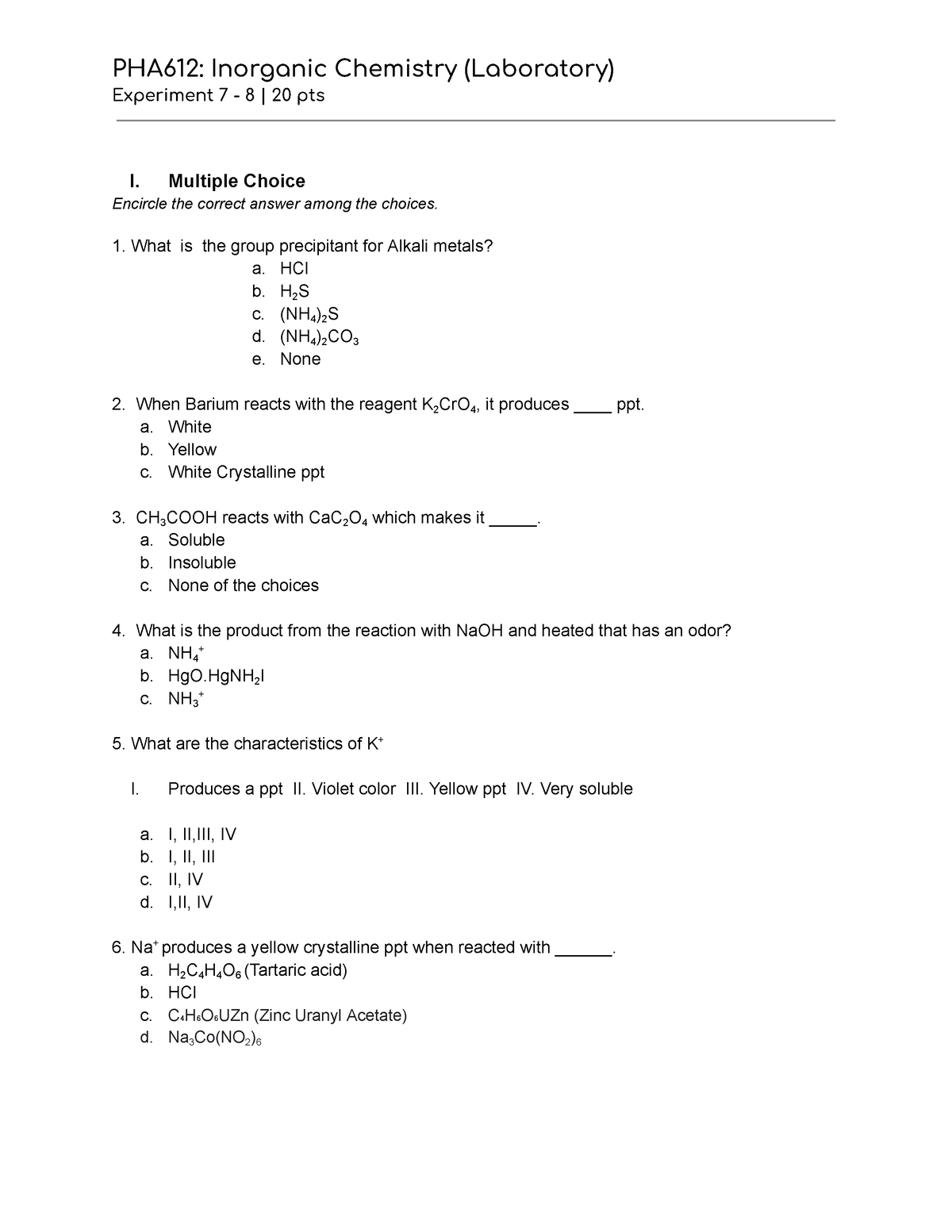 Mock Test Inorg (Exp 7-8) - PHA612: Inorganic Chemistry (Laboratory ...