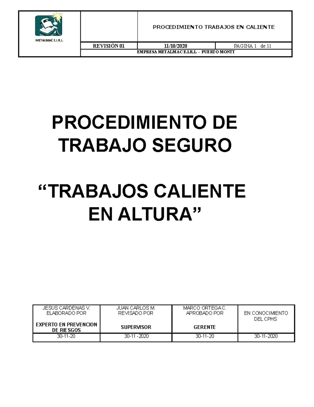 Procedimiento Trabajos EN Caliente EN Altura - PROCEDIMIENTO DE TRABAJO ...