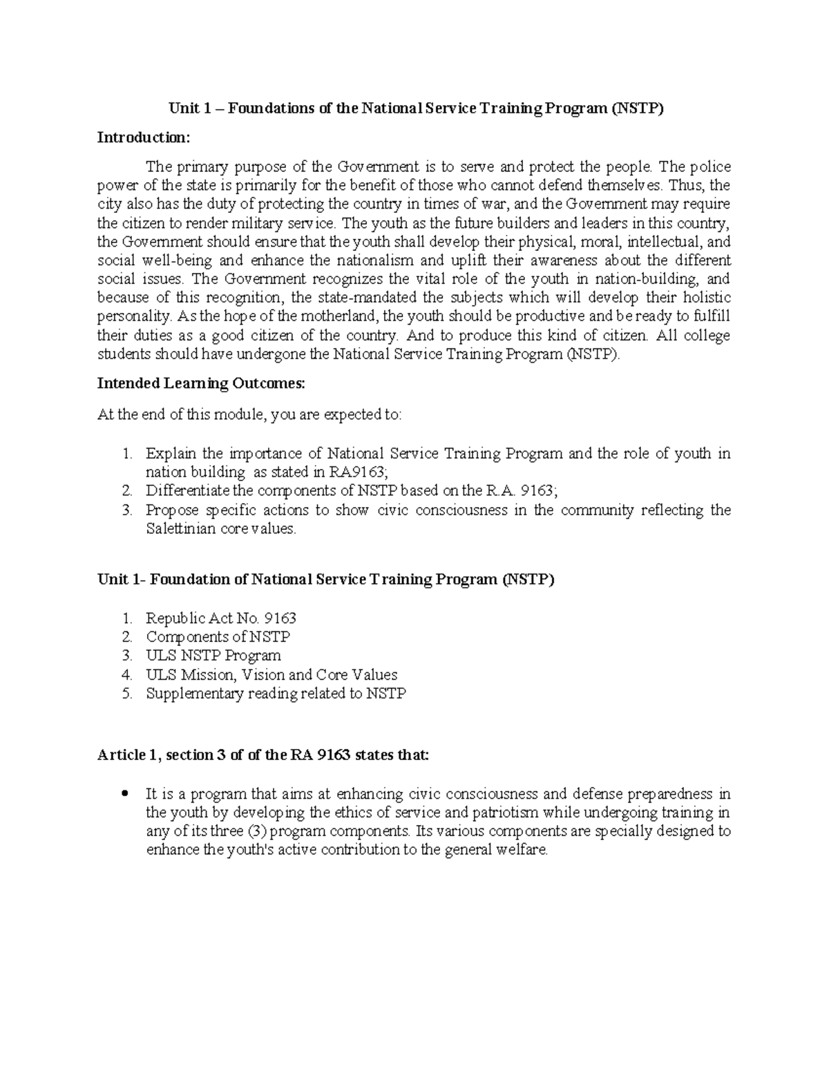 Unit-1-nstp - NSTP PRELIM - Unit 1 – Foundations of the National ...