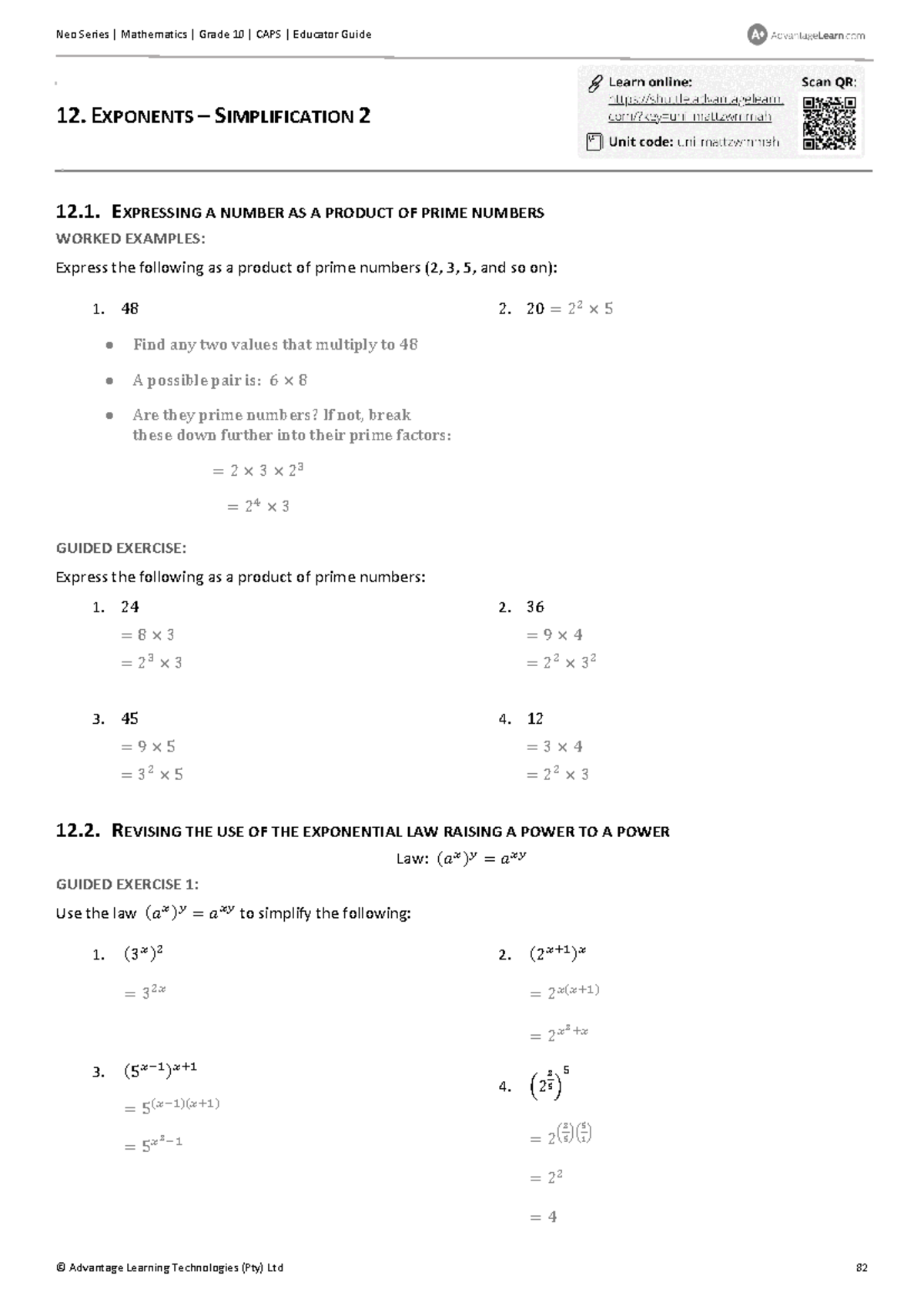 Advantage Learn Neo Series Mathematics Grade 10 Ed2 CAPS Unit 12 Memo-1 ...