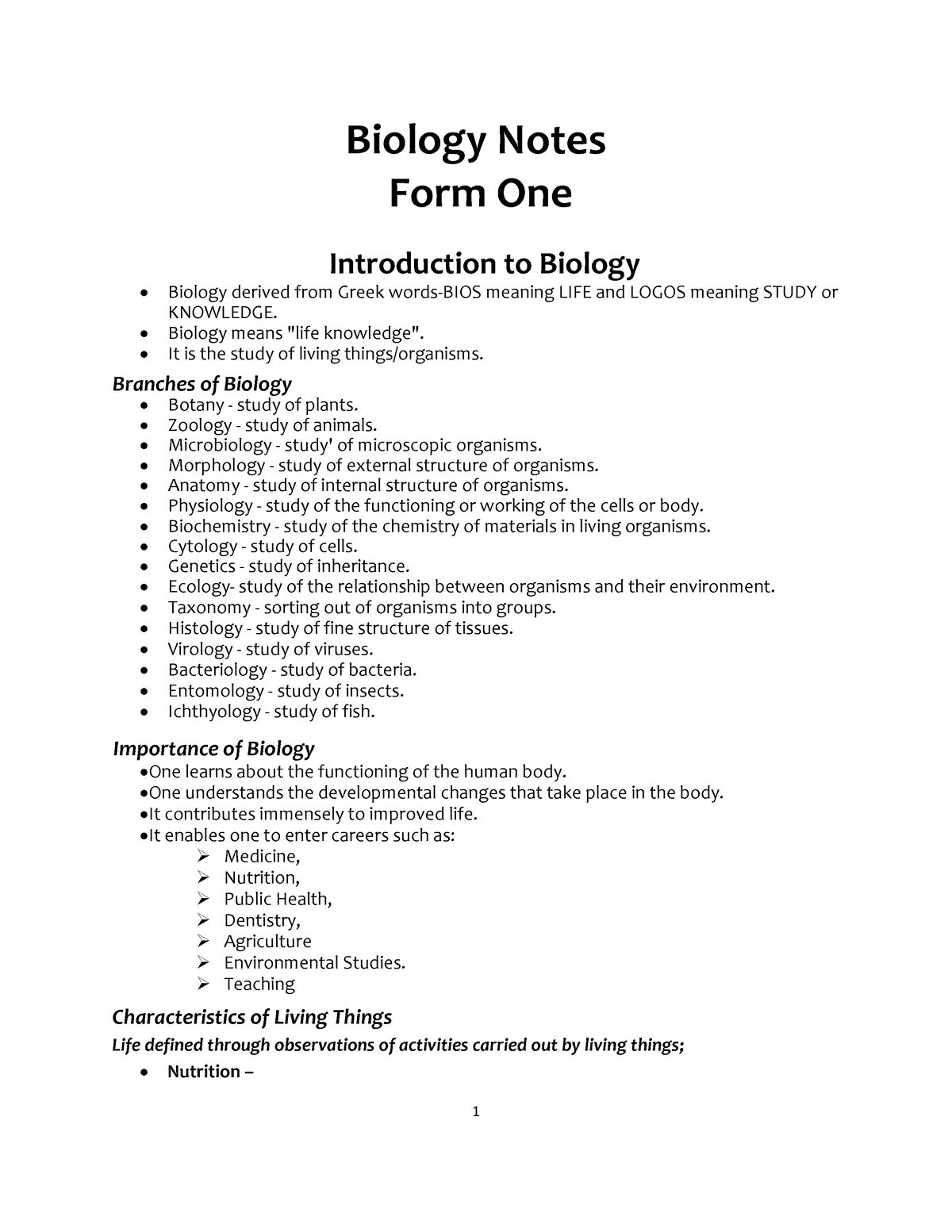 Summarized form one Biology Notes - Biology Notes Form One Introduction ...