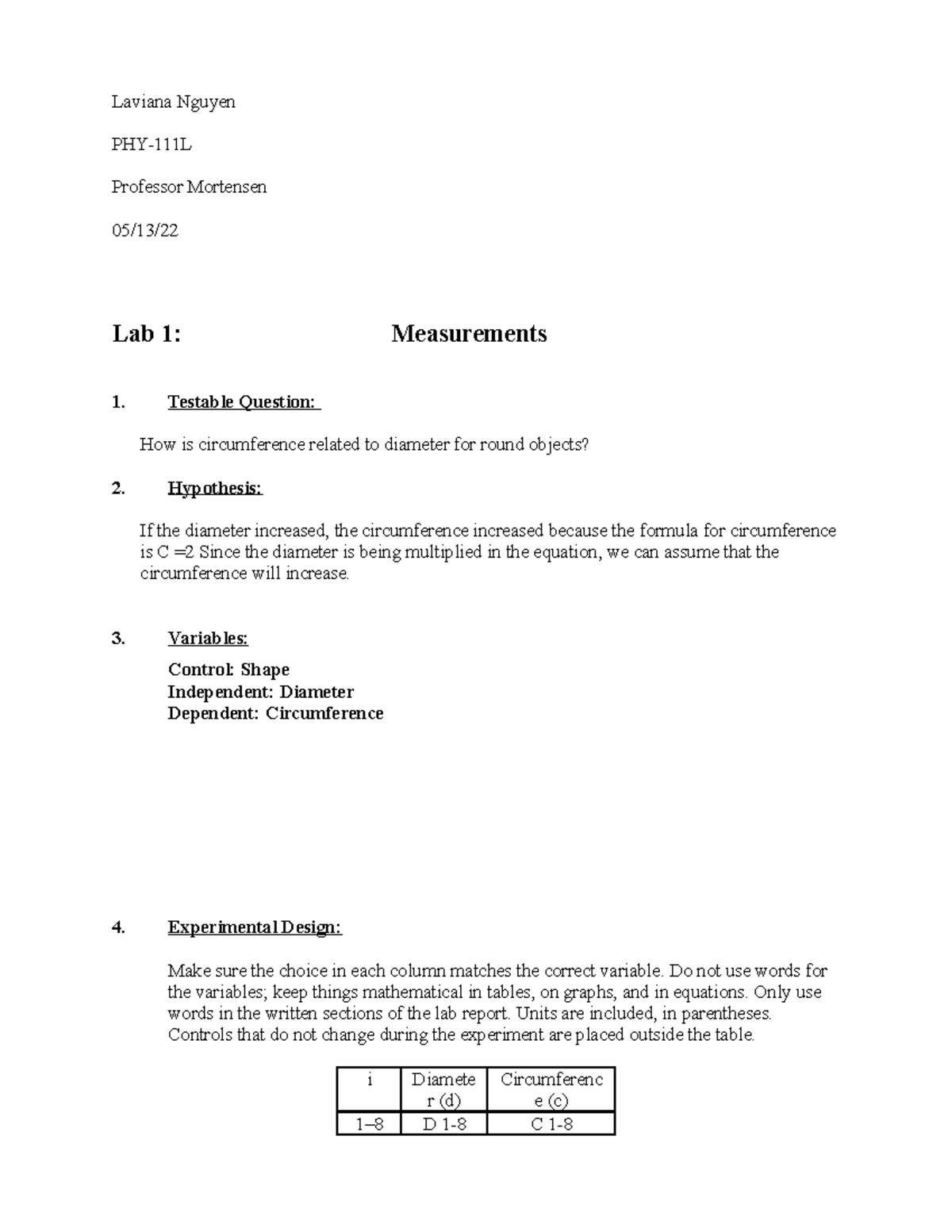 Lab 1 Measurements - Laviana Nguyen PHY-111L Professor Mortensen 05/13 ...