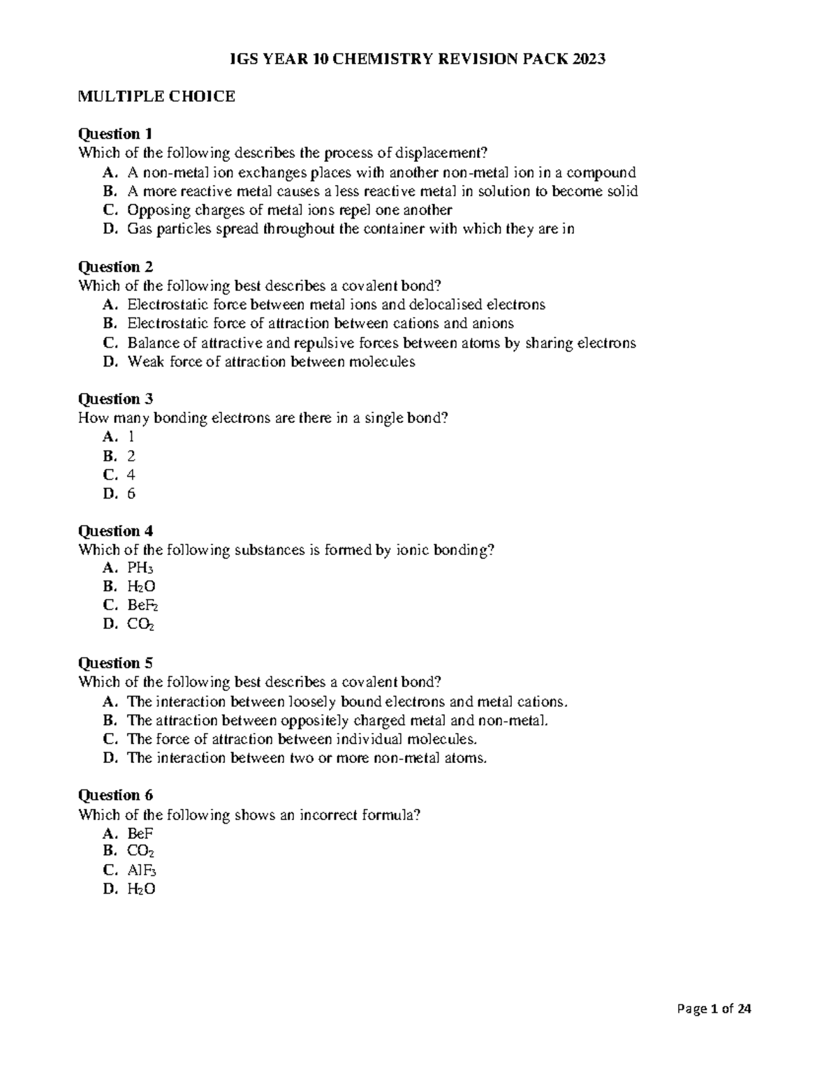 1.Chemistry Revision Pack Qs and Answers IGS YEAR 10 CHEMISTRY REVISION PACK 2023 MULTIPLE