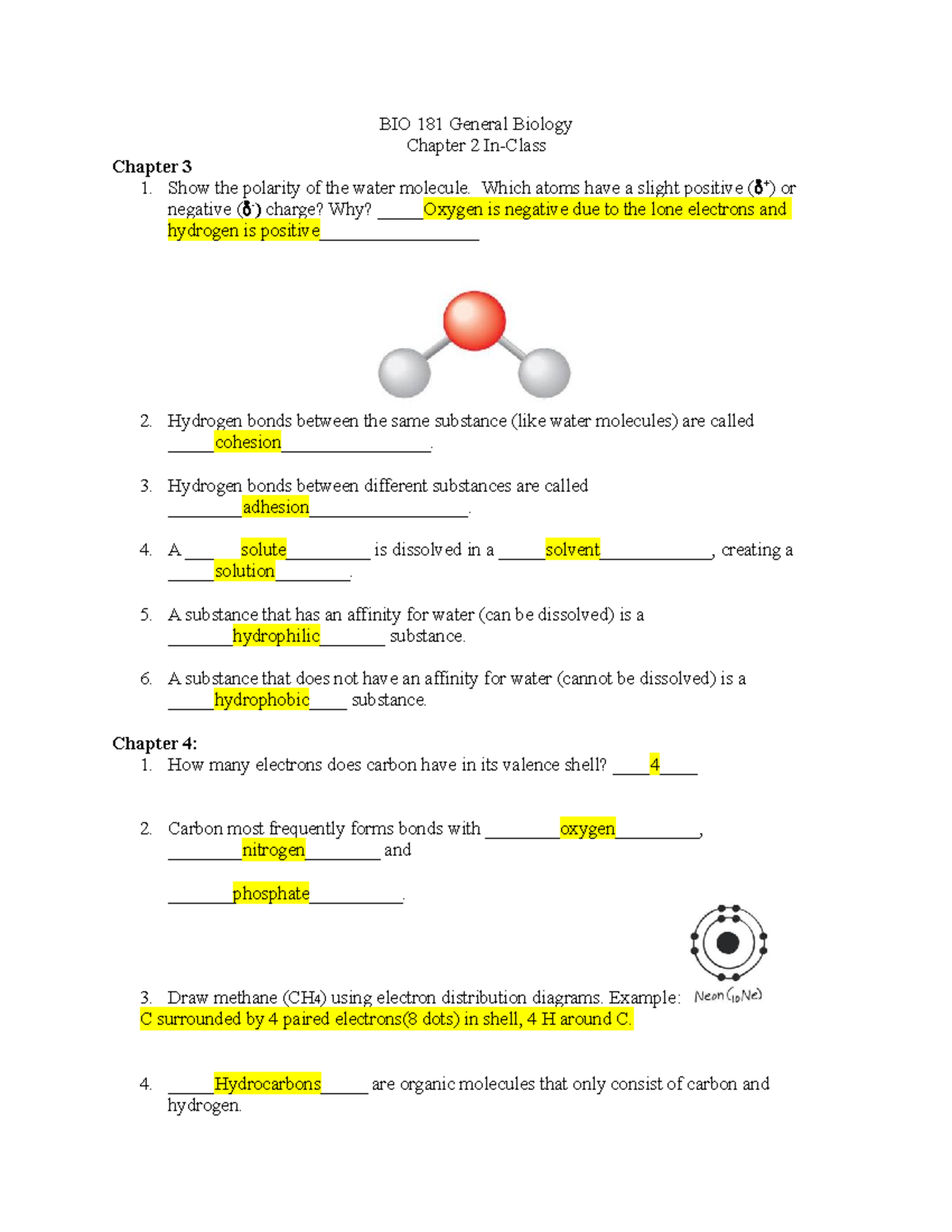 HW Chapter-3-4-5 - BIO 181 General Biology Chapter 2 In-Class Chapter 3 ...