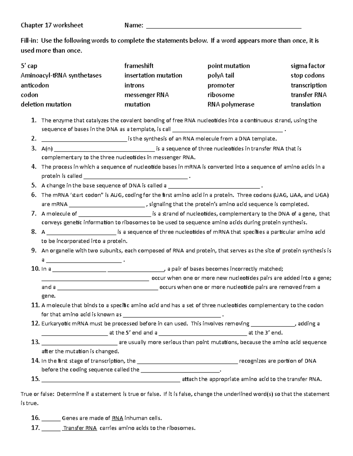 Biol. 110 Chapter 17 Worksheet - Chapter 17 Worksheet Name: - Studocu