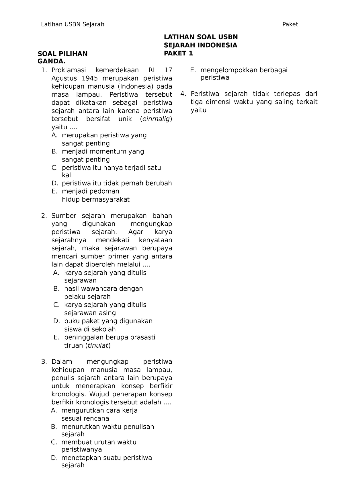 SOAL USBN Sejarah UMUM Paket 1 - Indonesia 1 SOAL PILIHAN GANDA ...