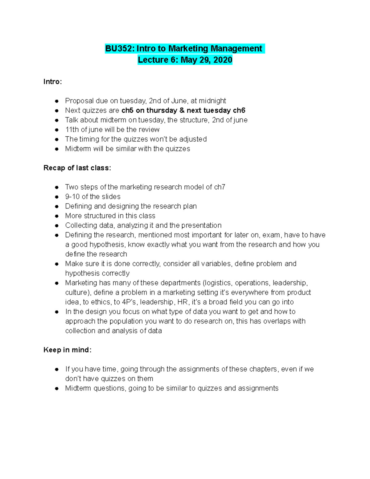 BU352 Lecture 6-2 - notes - BU352: Intro to Marketing Management ...