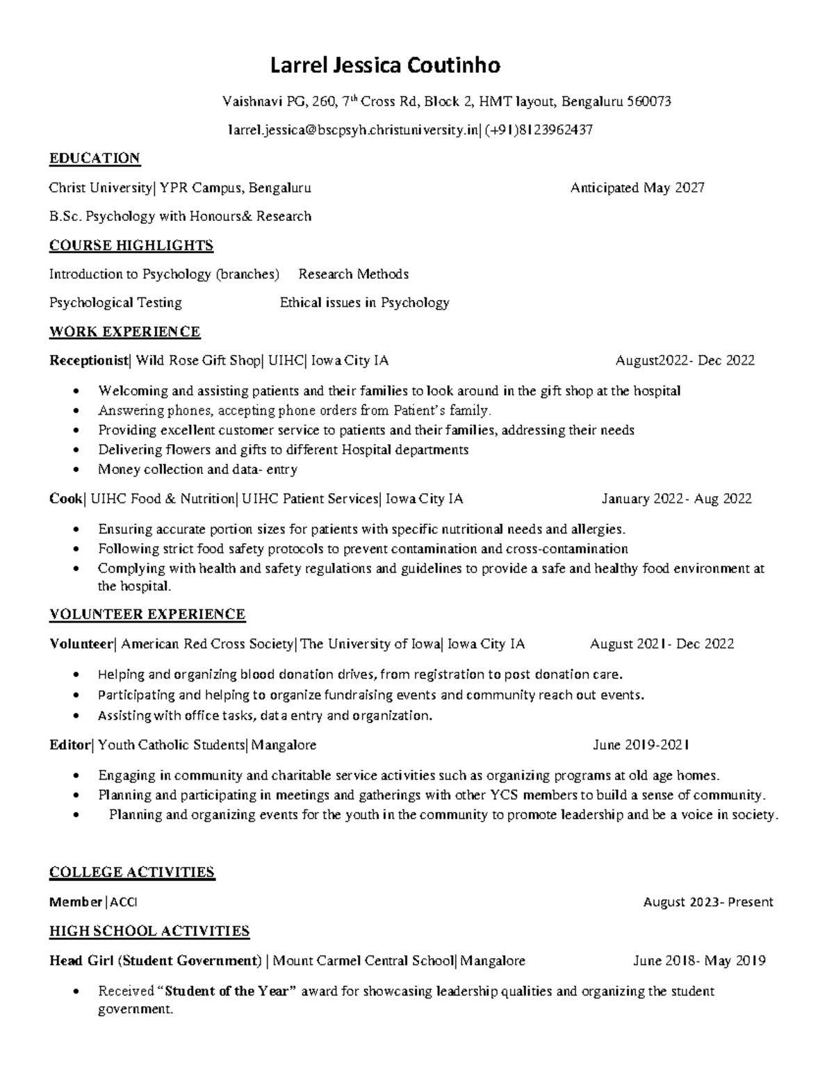 Resume - Larrel Jessica Coutinho Vaishnavi PG, 260, 7th Cross Rd, Block ...