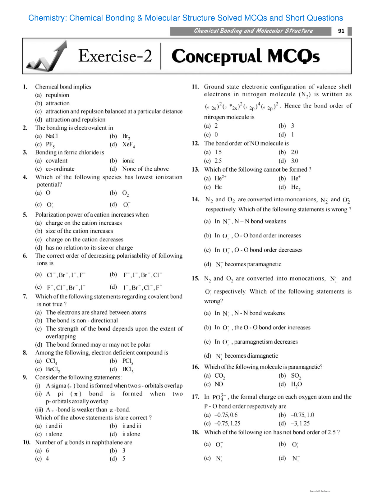 Important Mcqs And Short Questions Of Chemical Bonding And Molecular Structure With Solved