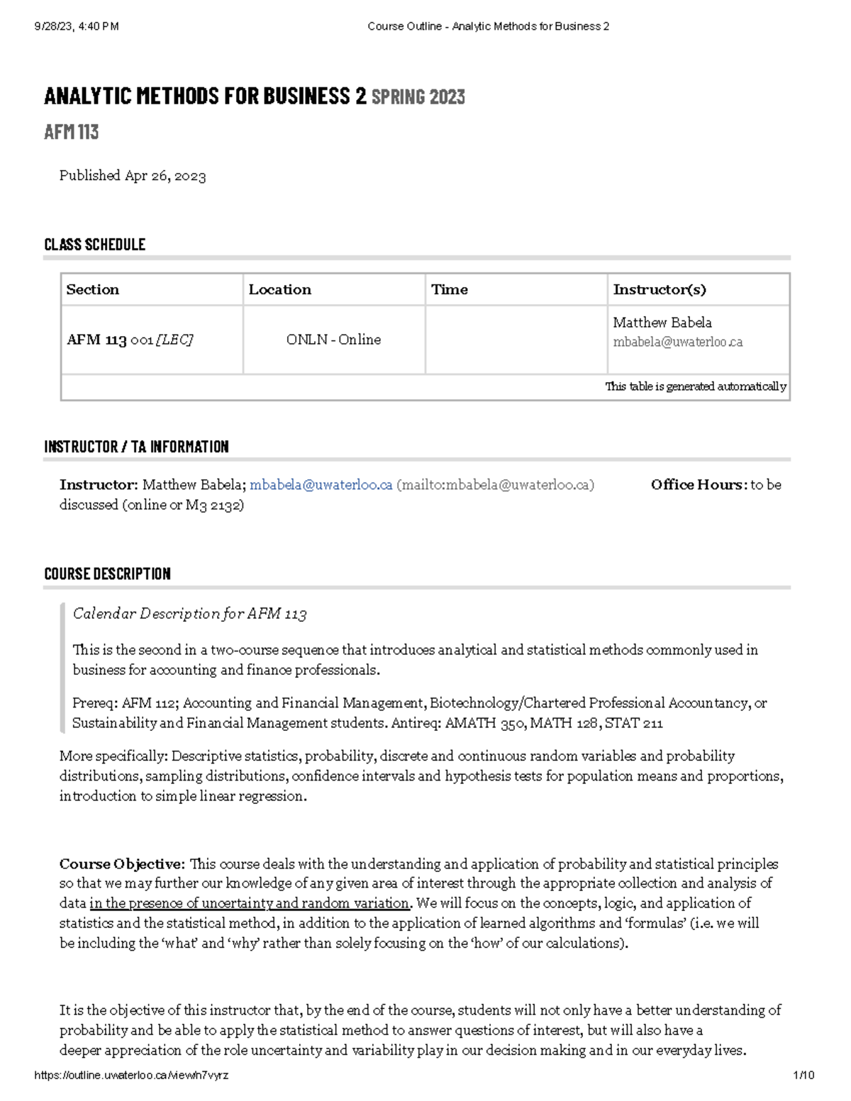 Afm114 - Gives an outline of what the course is about - ANALYTIC ...