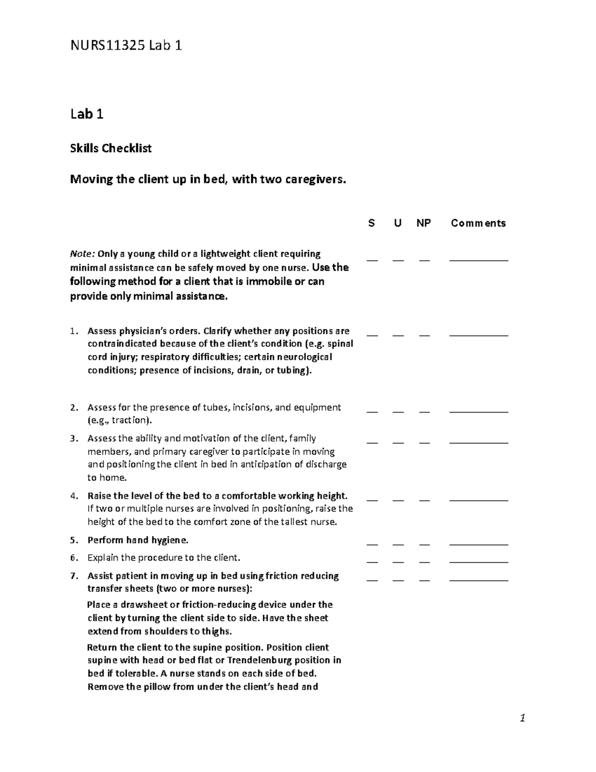Moving a client in bed NURS11325 Lab 1 Lab 1 Skills Checklist Moving